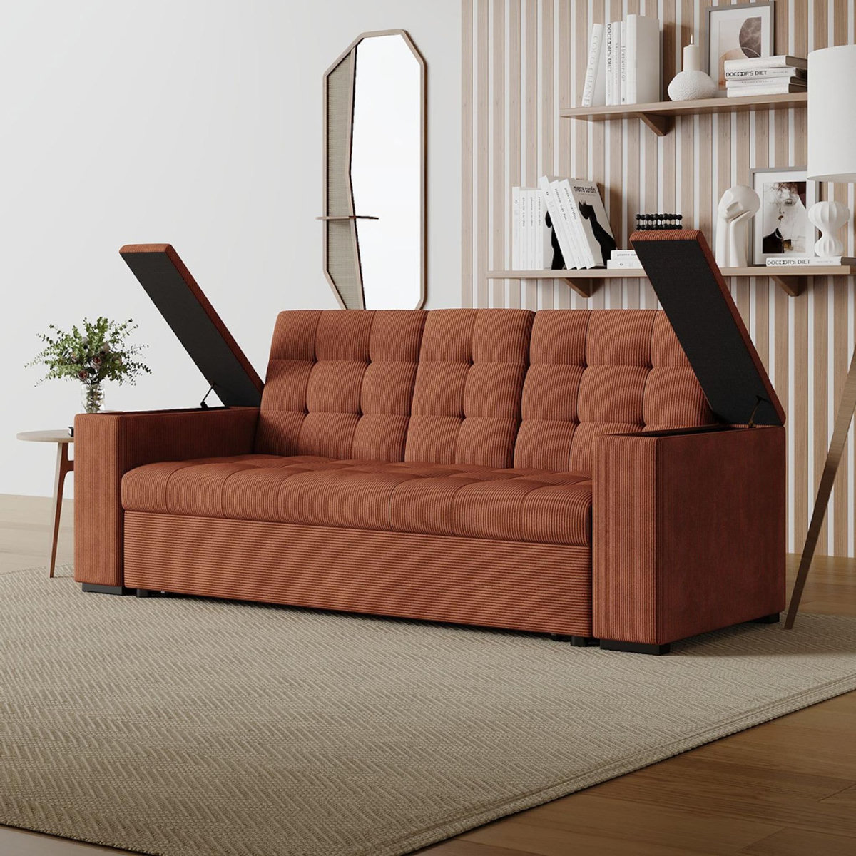 CONCEPT USINE Canapé 3 places convertibles terracotta velours côtelé NOHO