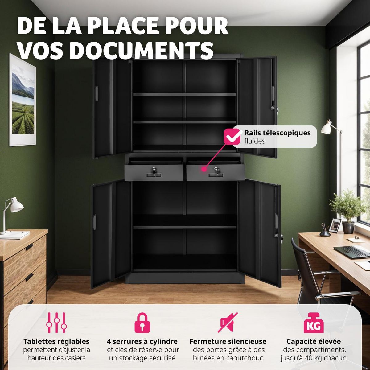 tectake Armoire de classement en métal en acier lâqué époxy noir/noir