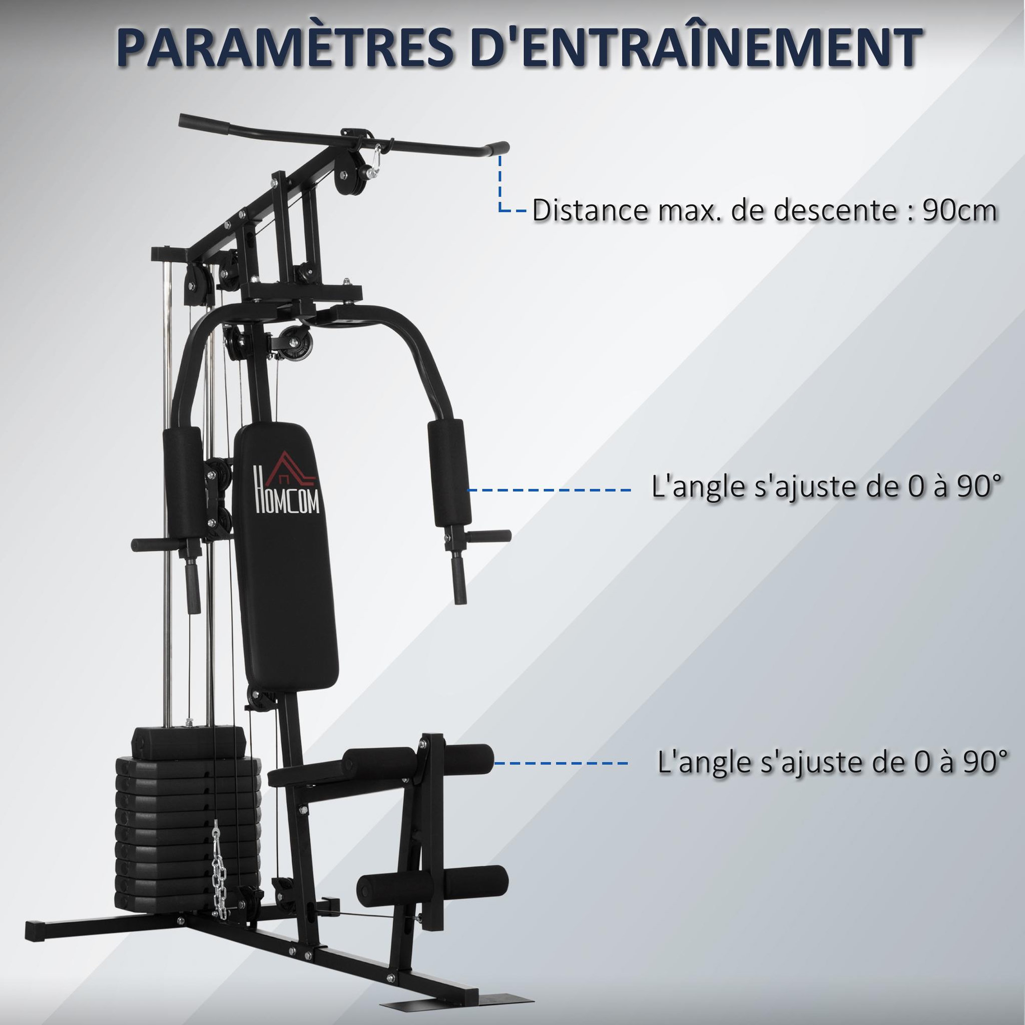 Voir la diapositive 6 : HOMCOM Station de musculation - entrainement complet - développé couché, butterfly, barre latissimus, curler - 9 contrepoids - acier noir