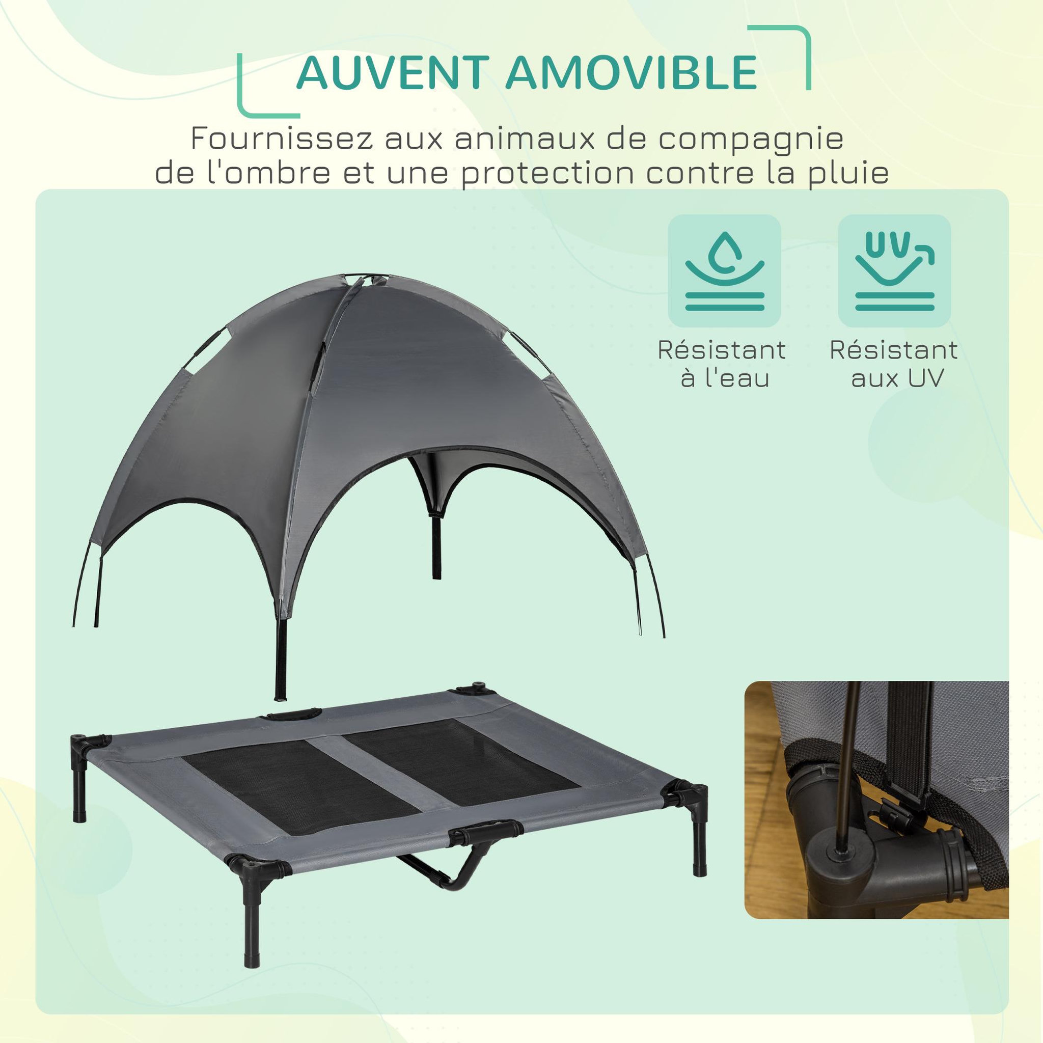 Voir la diapositive 5 : PAWHUT Lit pour chien chat sur pieds lit de camp lit surélevé rafraîchissant velum anti-uv oxford micro-perforé parasol et sac de transport inclus dim. 92l x 76l x 90h cm gris noir