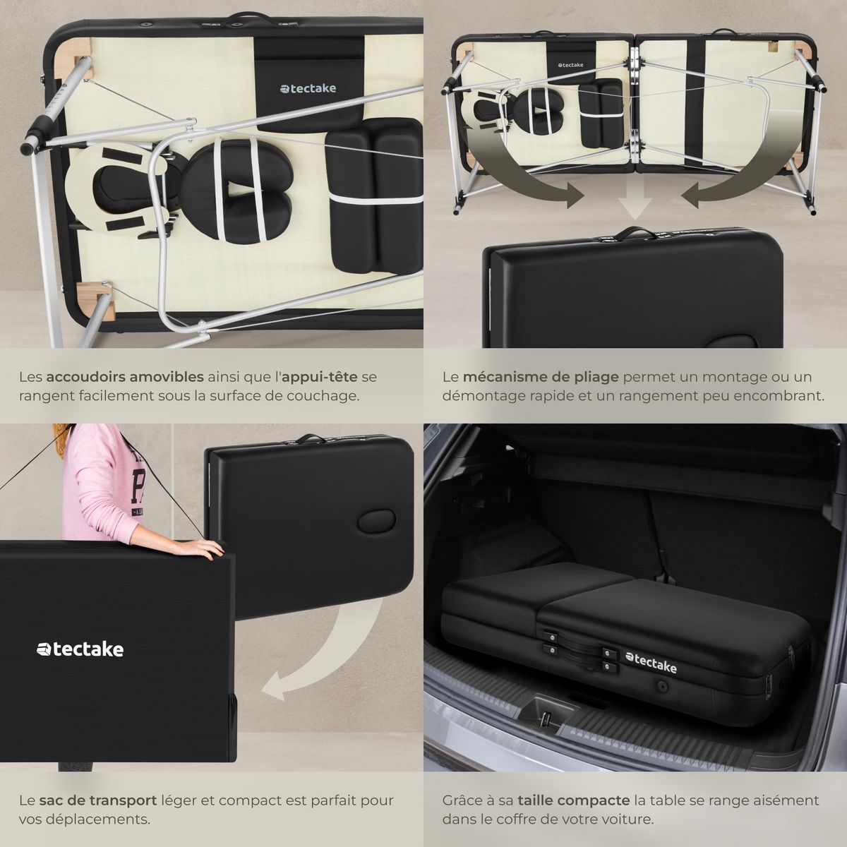 tectake Table 3 zones de massage largeur 78 cm et rembourrage 5 cm noir