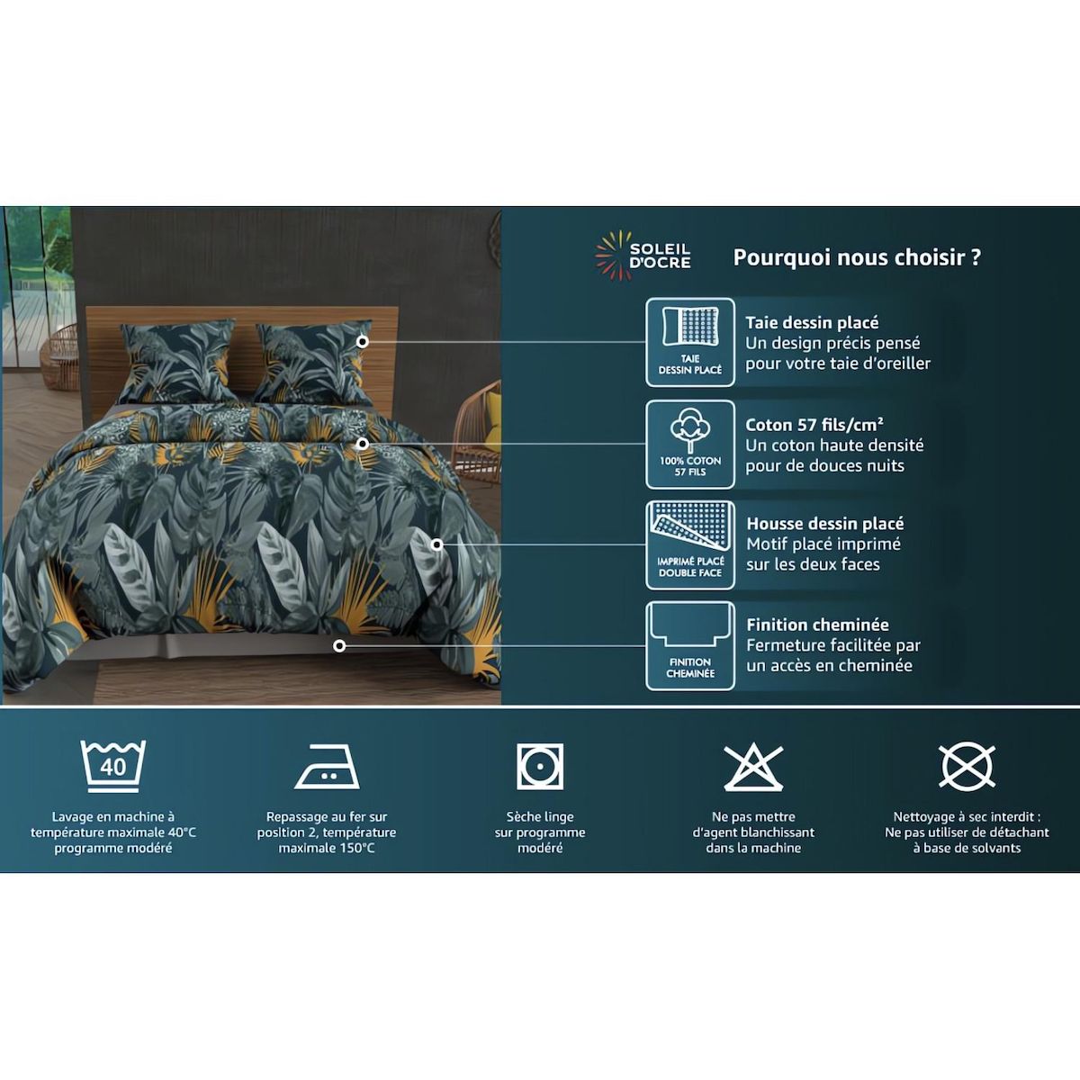 SOLEIL D'OCRE Parure housse de couette en coton 57 fils MATHIS, par Soleil d'ocre