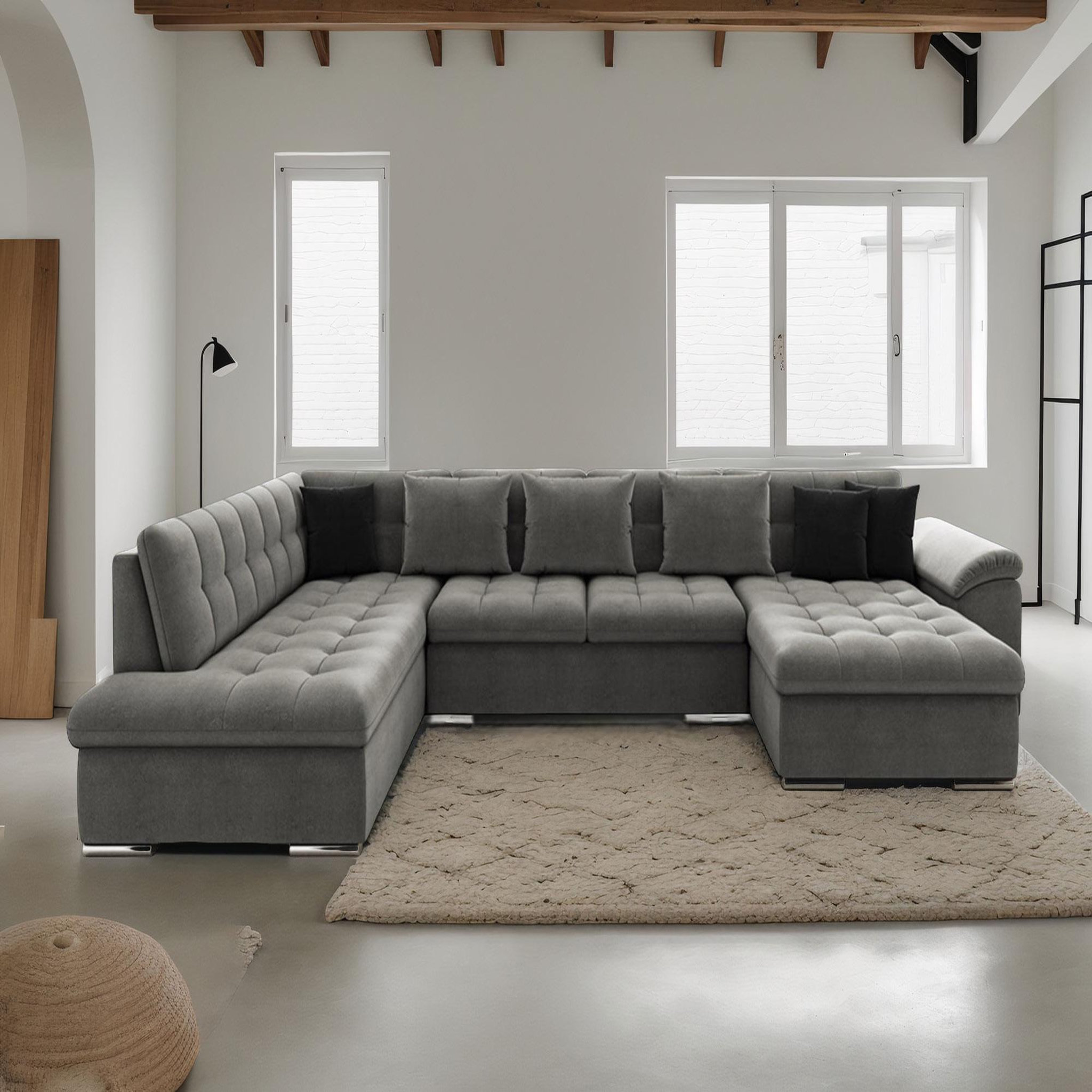BEST MOBILIER Chuck - canapé panoramique xxl - convertible avec coffre - 7 places - gauche. Coloris disponibles : Gris, Bicolore