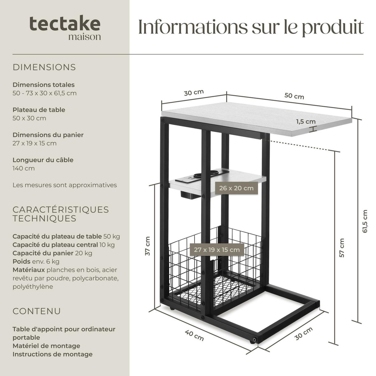 tectake Table d'appoint pour ordinateur portable avec station de charge intégrée avec port USB et AC et plateau de table coulissant blanc