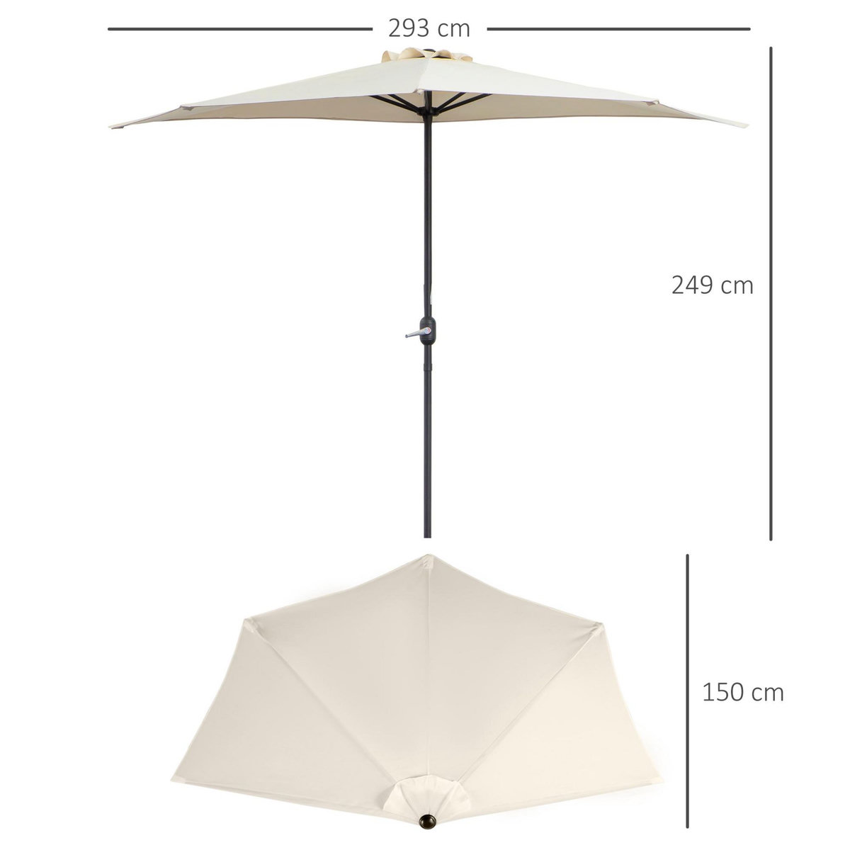 OUTSUNNY Demi parasol - parasol de balcon 5 entretoises métal - 2,93 x 1,5 x 2,49 m - polyester haute densité crème