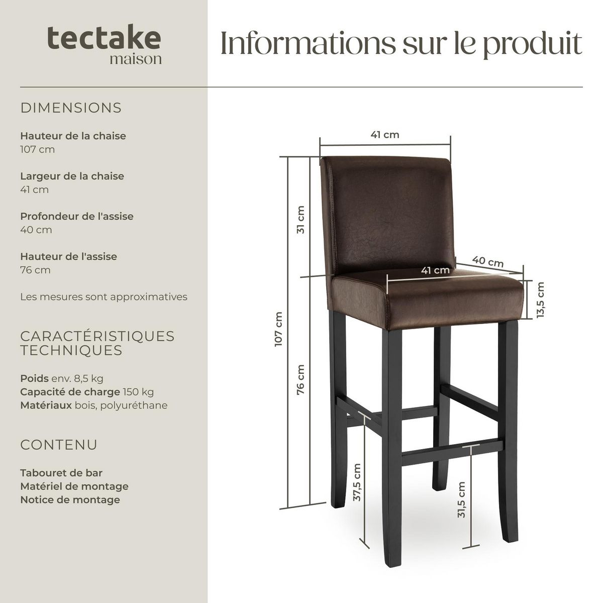 tectake Tabouret de bar rembourré avec dossier marron