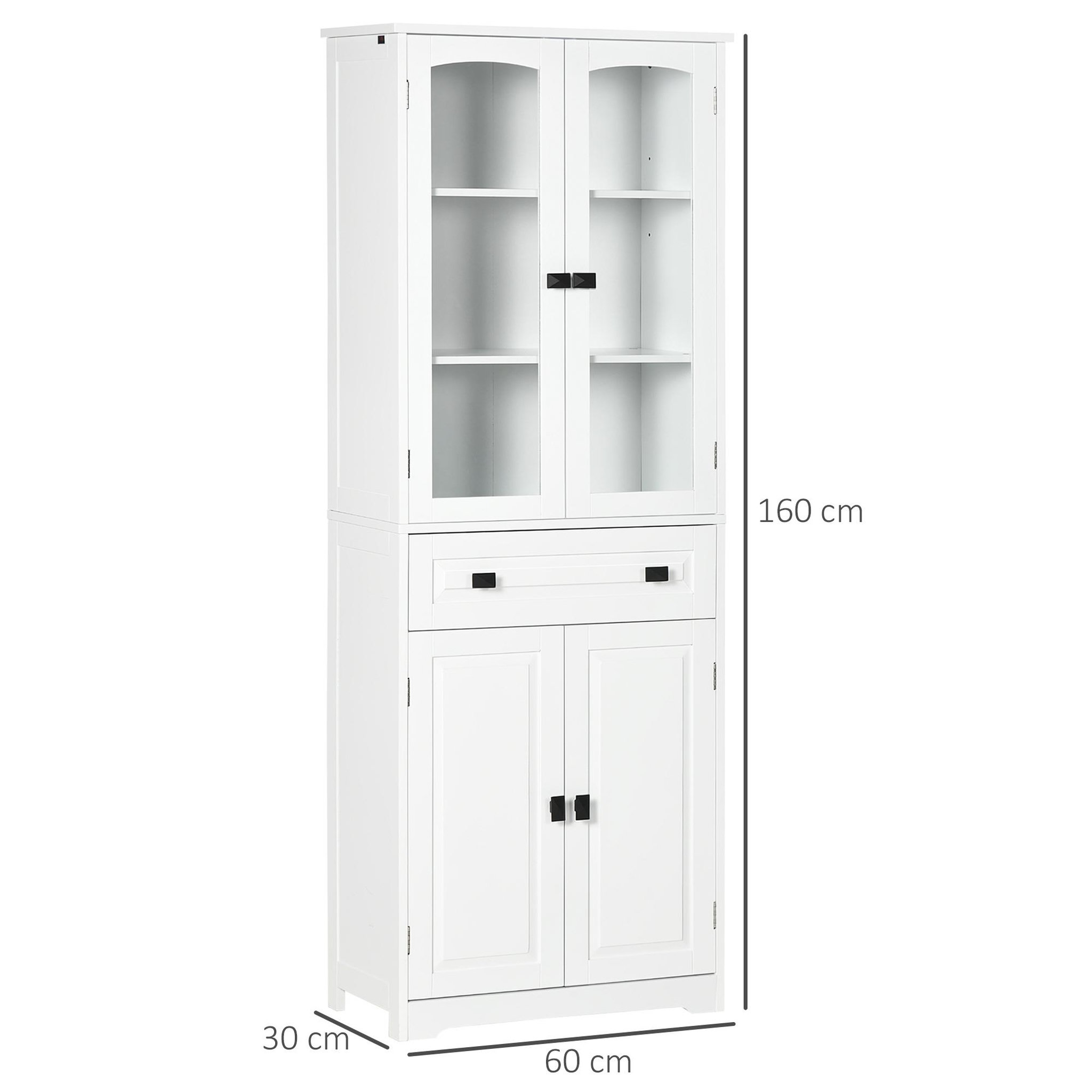 Voir la diapositive 3 : HOMCOM Armoire de cuisine buffet haut 4 portes 3 étagères tiroir verre trempé panneaux MDF blanc