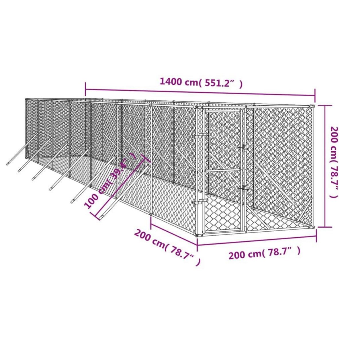 VIDAXL Chenil d'exterieur pour chiens argente 2x14x2 m acier galvanise