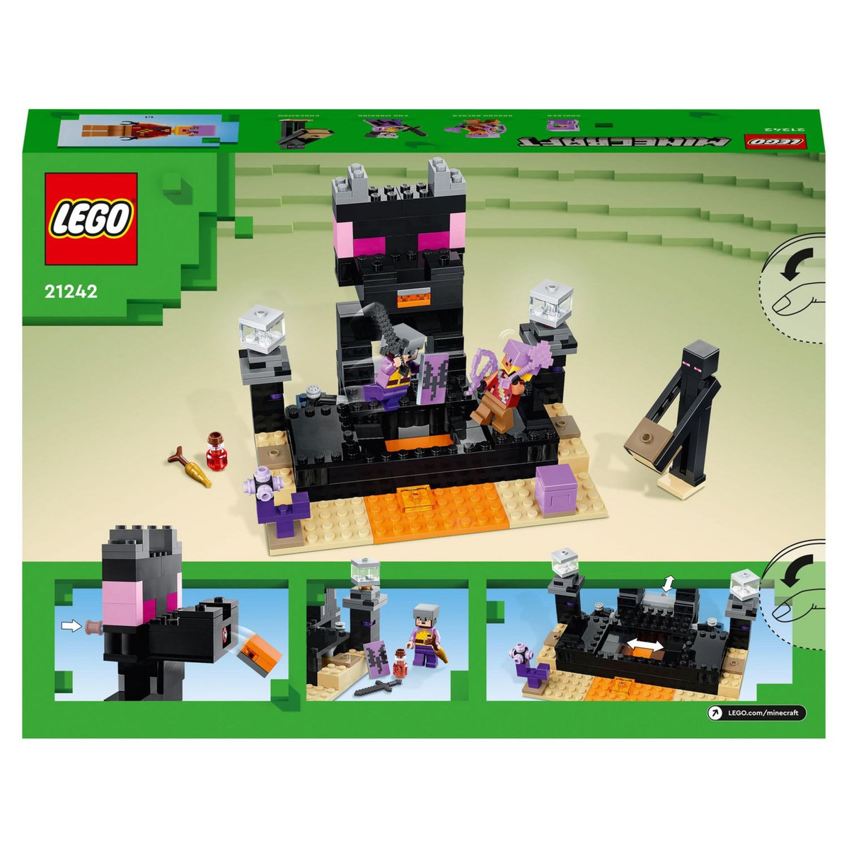 LEGO Minecraft 21242 L'arène de l'End, Jouet de Combat avec Lave, Figurine Dragon de l'Ender et Enderman