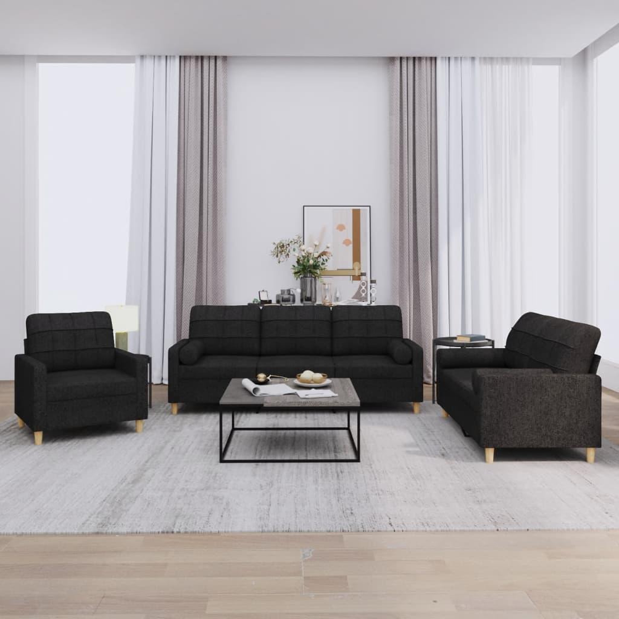 VIDAXL Ensemble de canapes 3 pcs avec coussins noir tissu