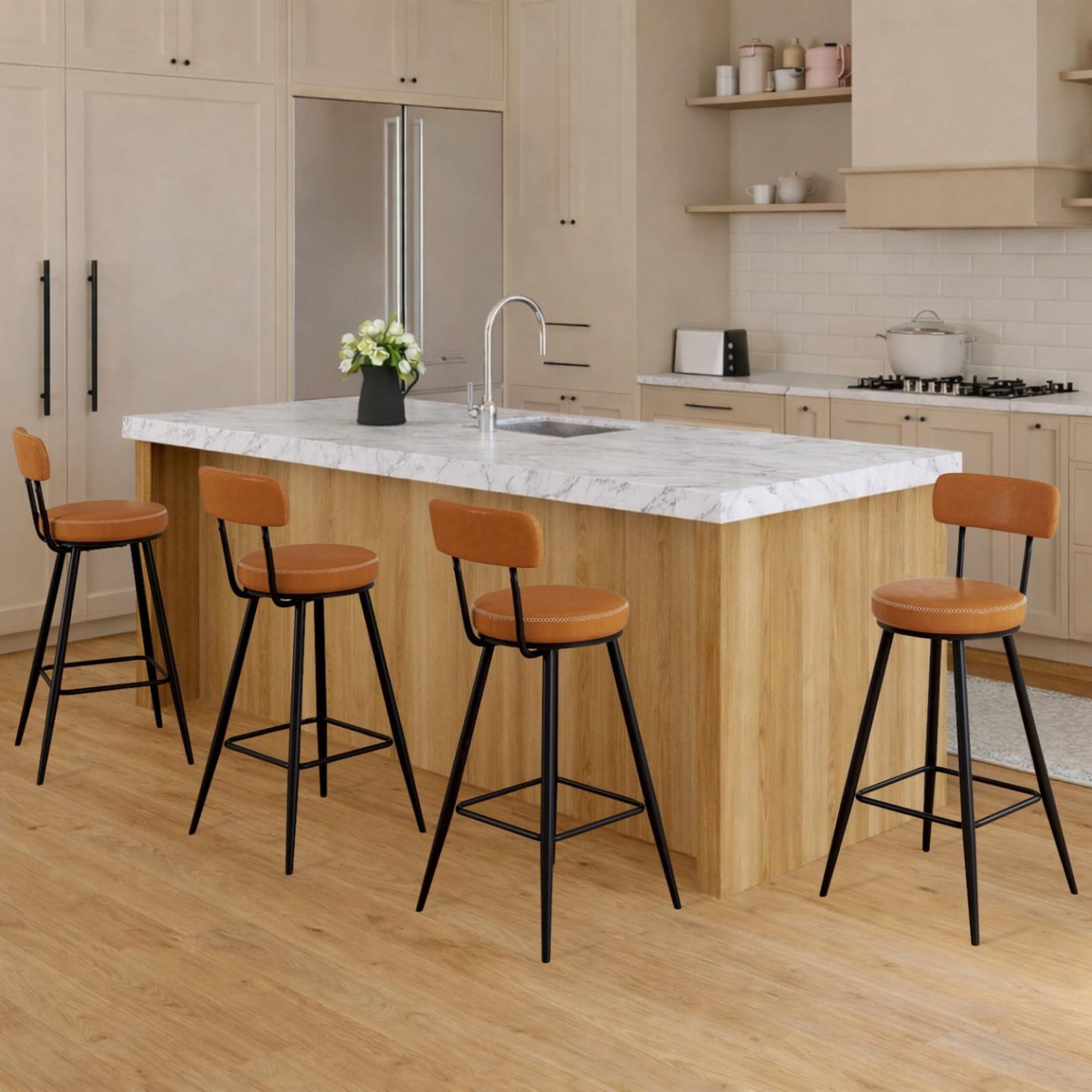 Voir la diapositive 2 : ID MARKET Lot de 4 tabourets de bar isaure pu marron avec coutures et pieds métal noir