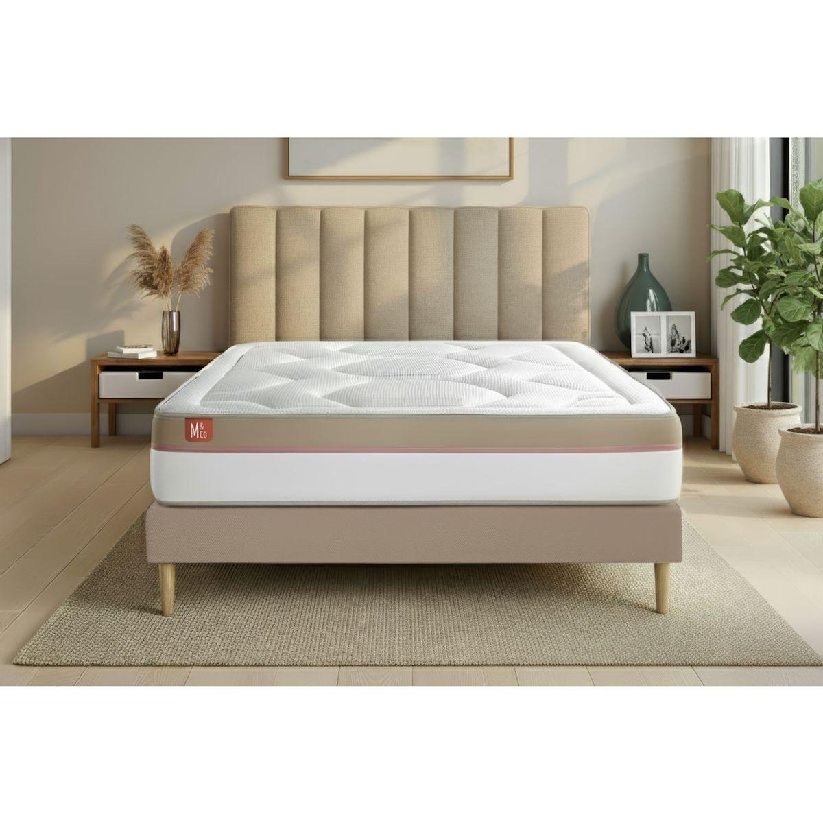 MARMOTTES&CO Ensemble LE COSY 160x200cm Mémoire de forme 7 zones de confort - Ep. 30cm + sommier Beige