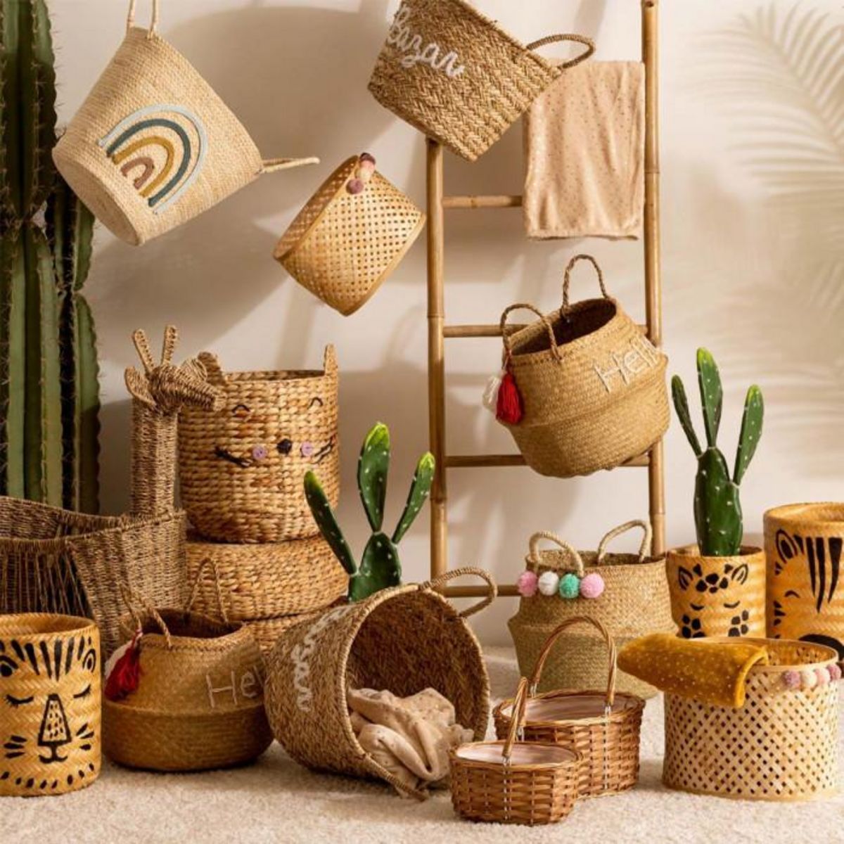 Atmosphera Kids Lot de 3 Paniers de Pique-Nique Enfant  Summer  36cm Beige