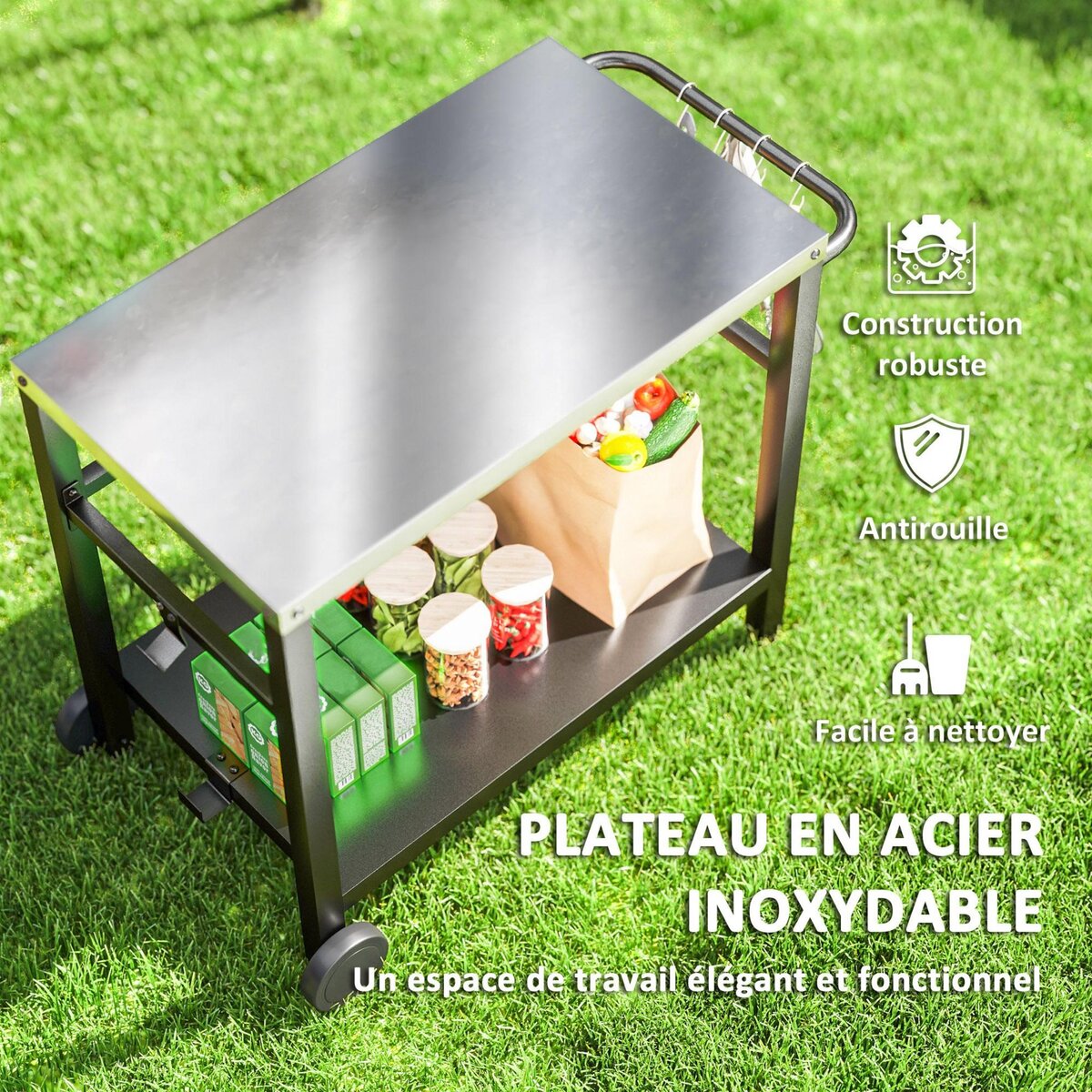 OUTSUNNY Desserte jardin - chariot pour plancha barbecue - étagère, 4 + 1 crochets - métal gris plateau acier inox