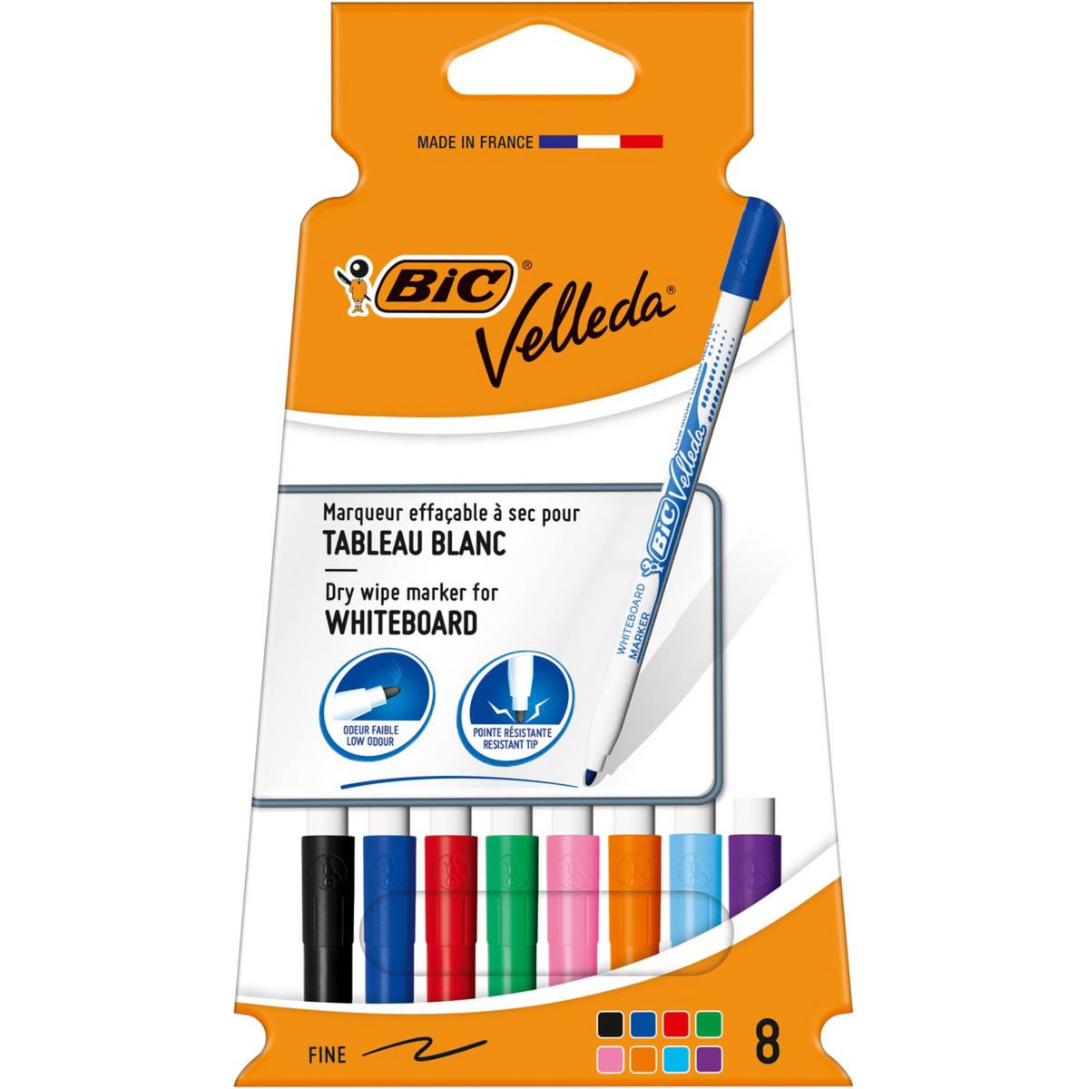 BIC Lot de 8 feutres pour tableau blanc effaçables à sec pointe fine VELLEDA coloris assortis