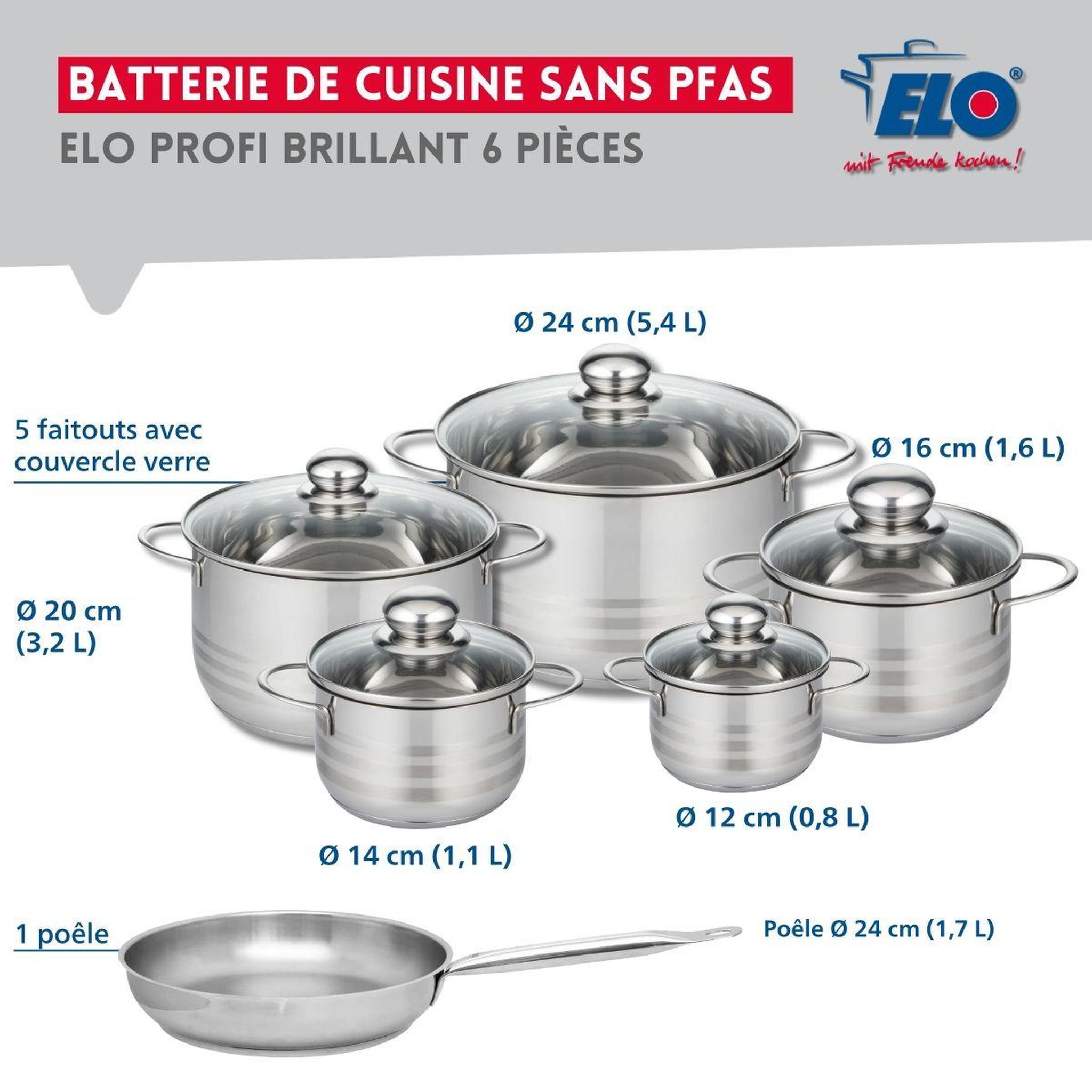 Voir la diapositive 2 : ELO Ensemble de 1 poêle de cuisson 24 cm et 5 faitouts 12, 14, 16, 20 et 24 cm elo profi brillant