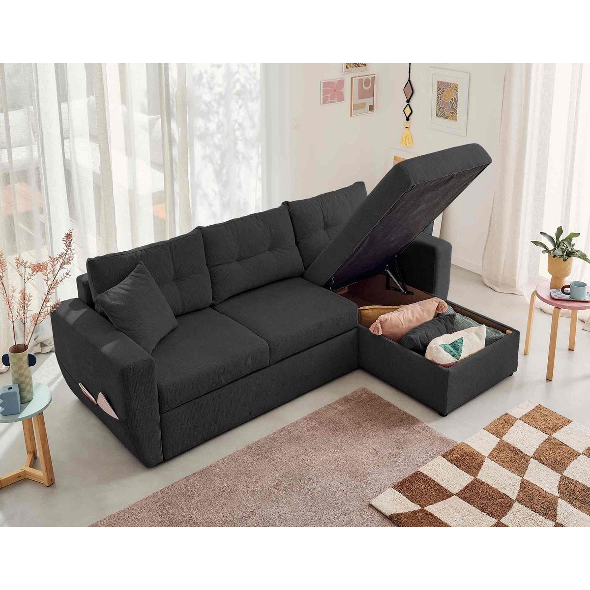 BEST MOBILIER Astoria - canapé d'angle réversible 4 places - convertible avec coffre - en tissu texturé