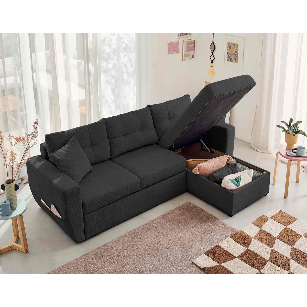 BEST MOBILIER Astoria - canapé d'angle réversible 4 places - convertible avec coffre - en tissu texturé