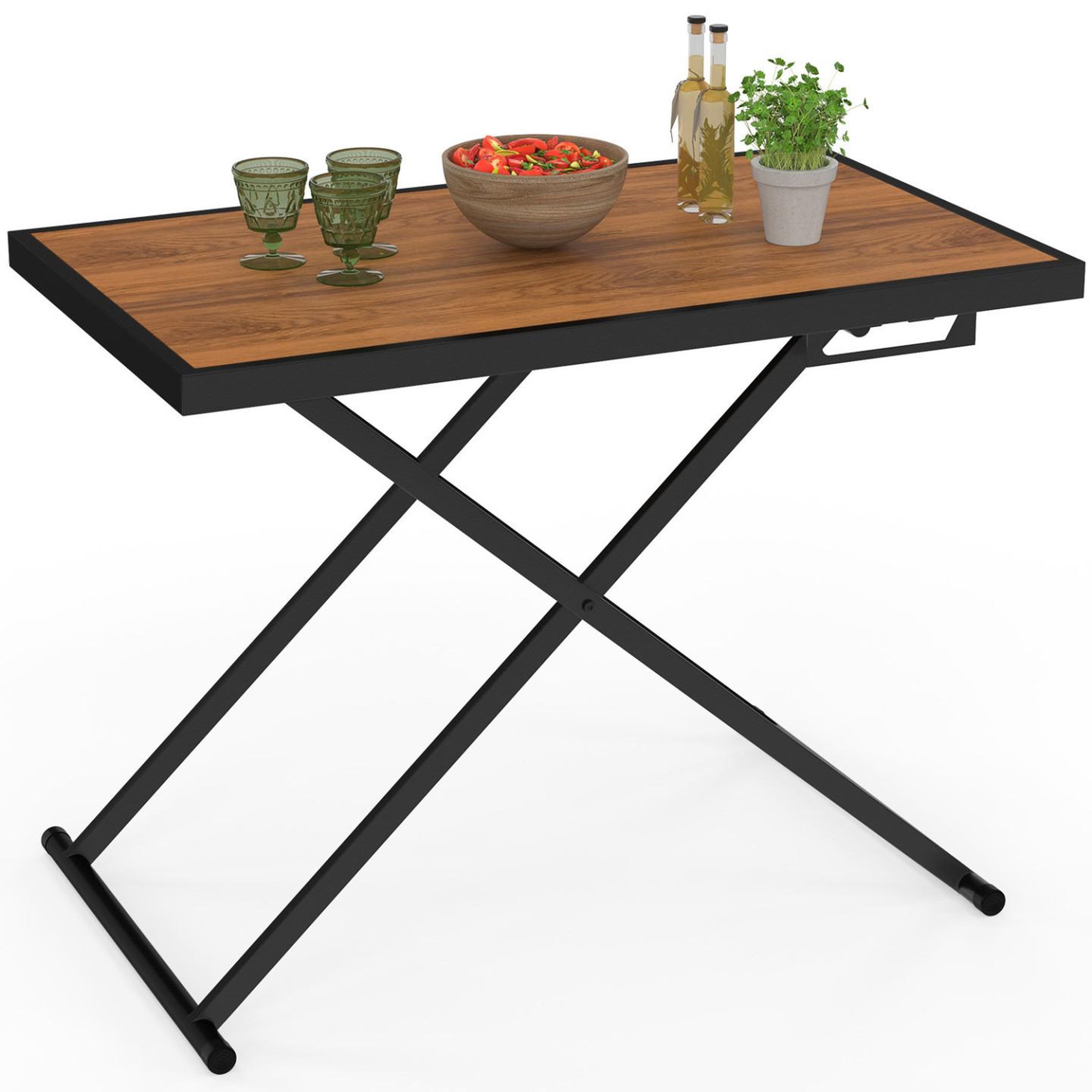 Voir la diapositive 5 : ID MARKET Table de jardin à hauteur réglable 3 positions OLIE 100 cm en métal noir et plateau effet bois