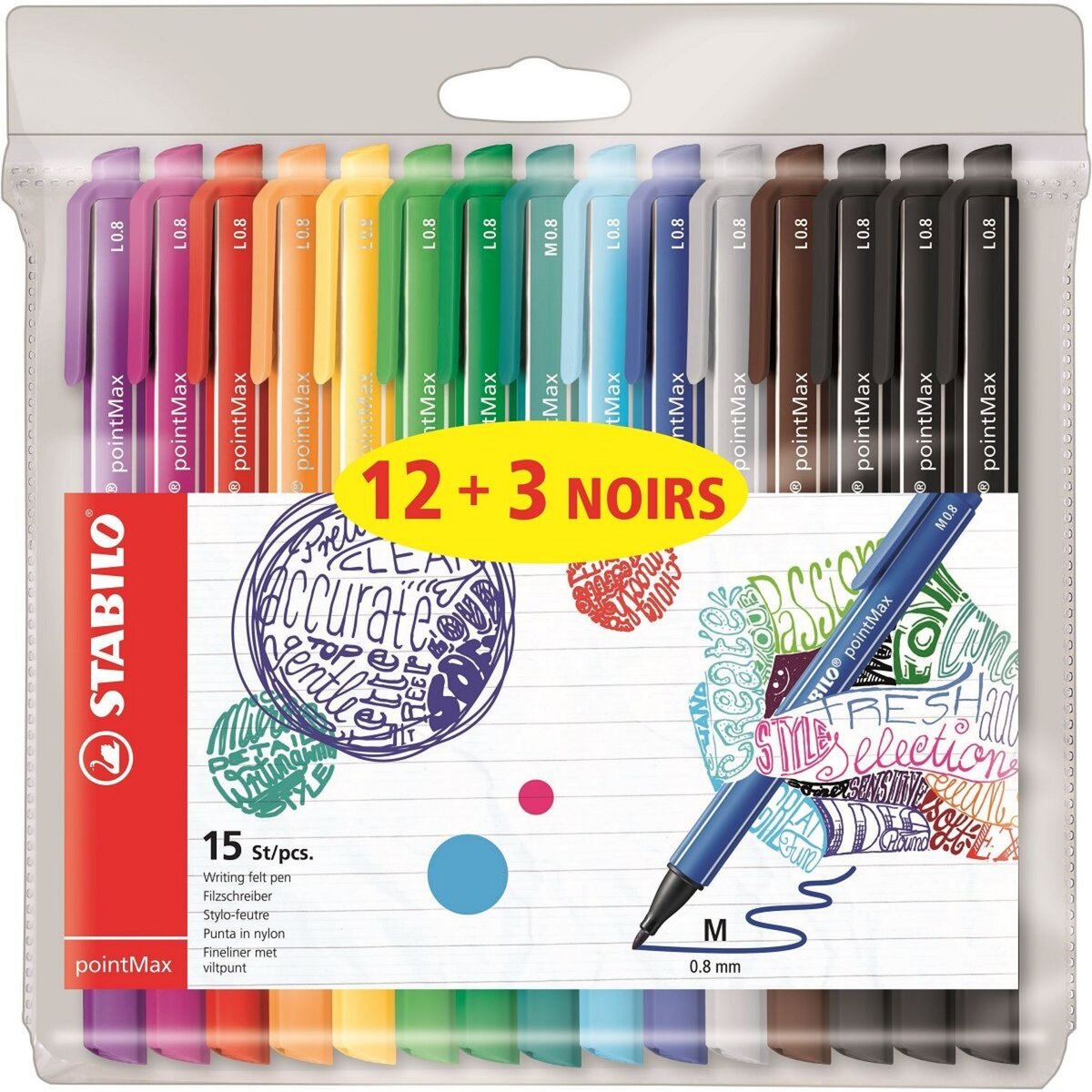 STABILO Lot de 15 stylos feutres pointe moyenne 12 couleurs + 3 noirs Point Max