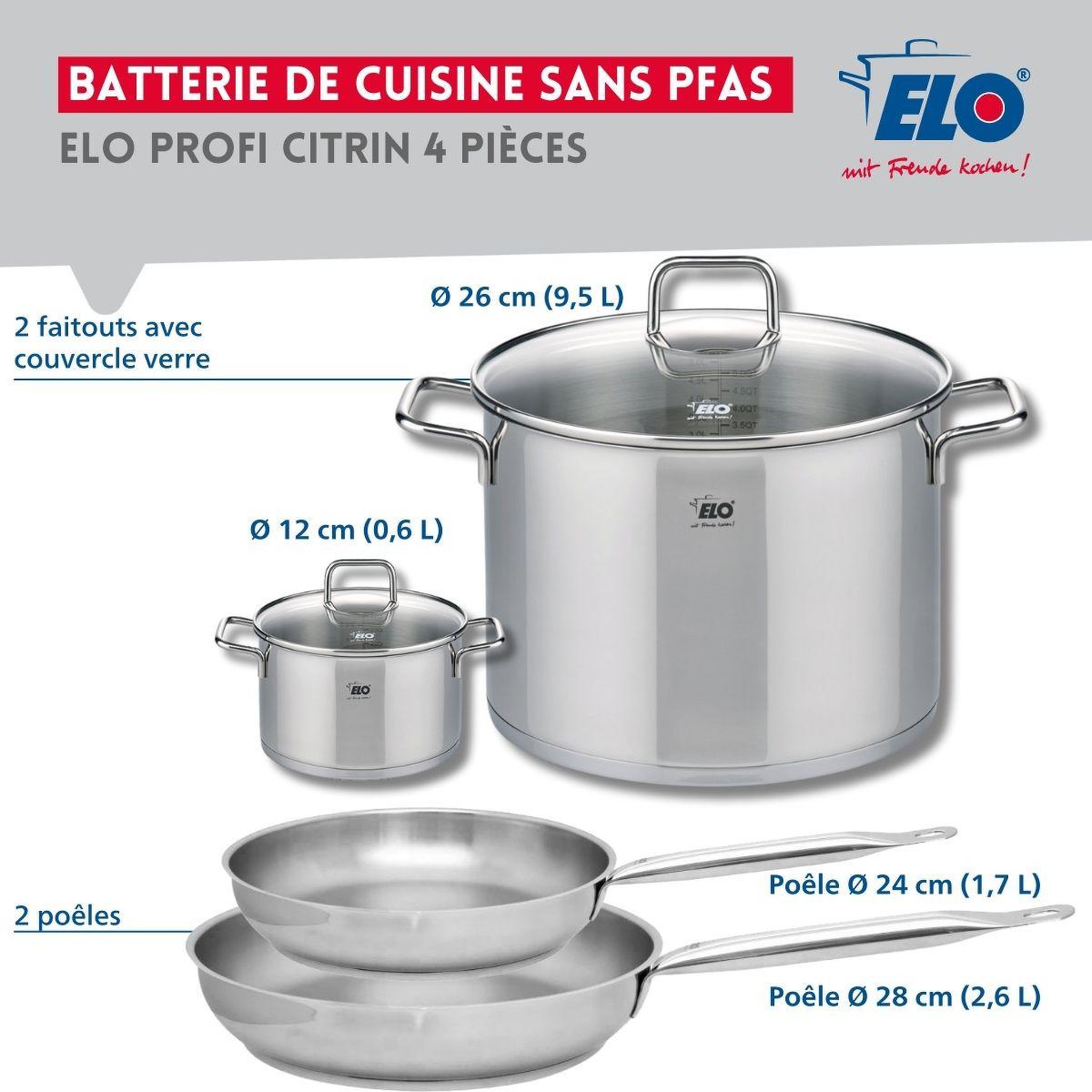 Voir la diapositive 2 : ELO Set de 2 poêles de cuisson 24 et 28 cm et 2 faitouts 12 et 26 cm elo profi citrin