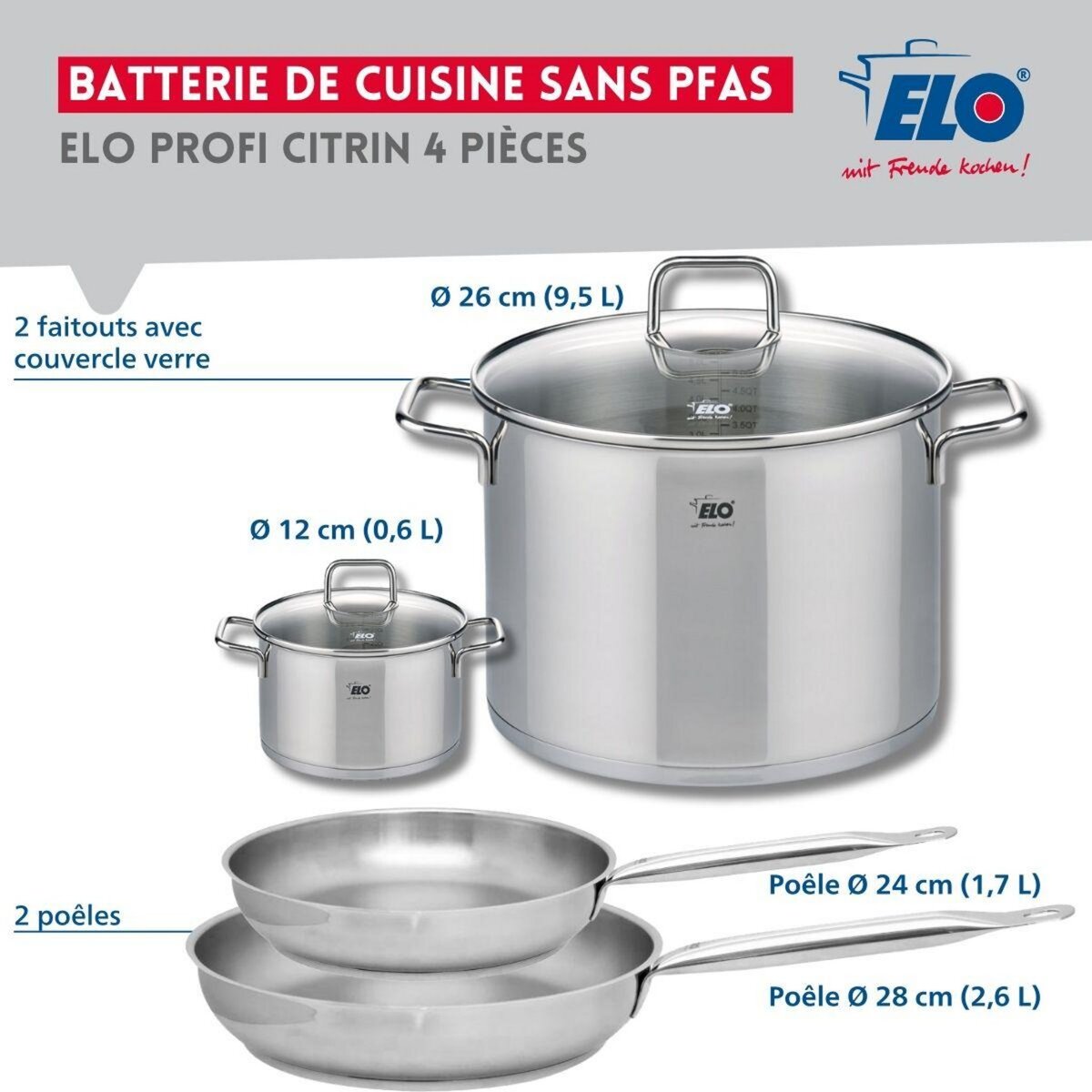 ELO Set de 2 Poêles de cuisson 24 et 28 cm et 2 faitouts 12 et 26 cm Elo Profi Citrin