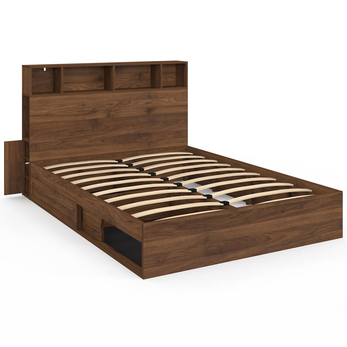ID MARKET Lit double CLEM avec rangements + tête de lit et sommier 140 x 190 cm effet noyer