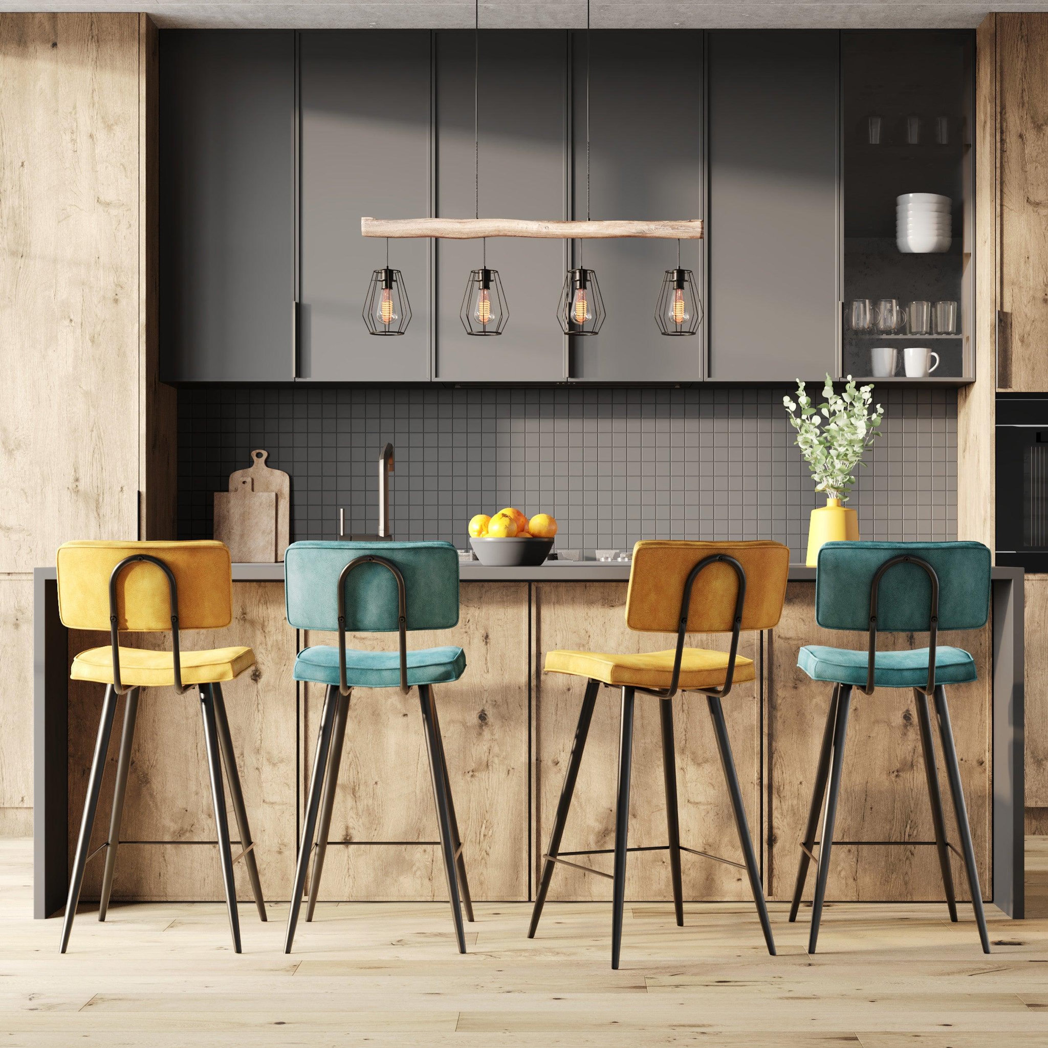 Voir la diapositive 2 : MAISON PAVANE Pack 4 chaises pour îlot central bleues et jaunes 66 cm-texas