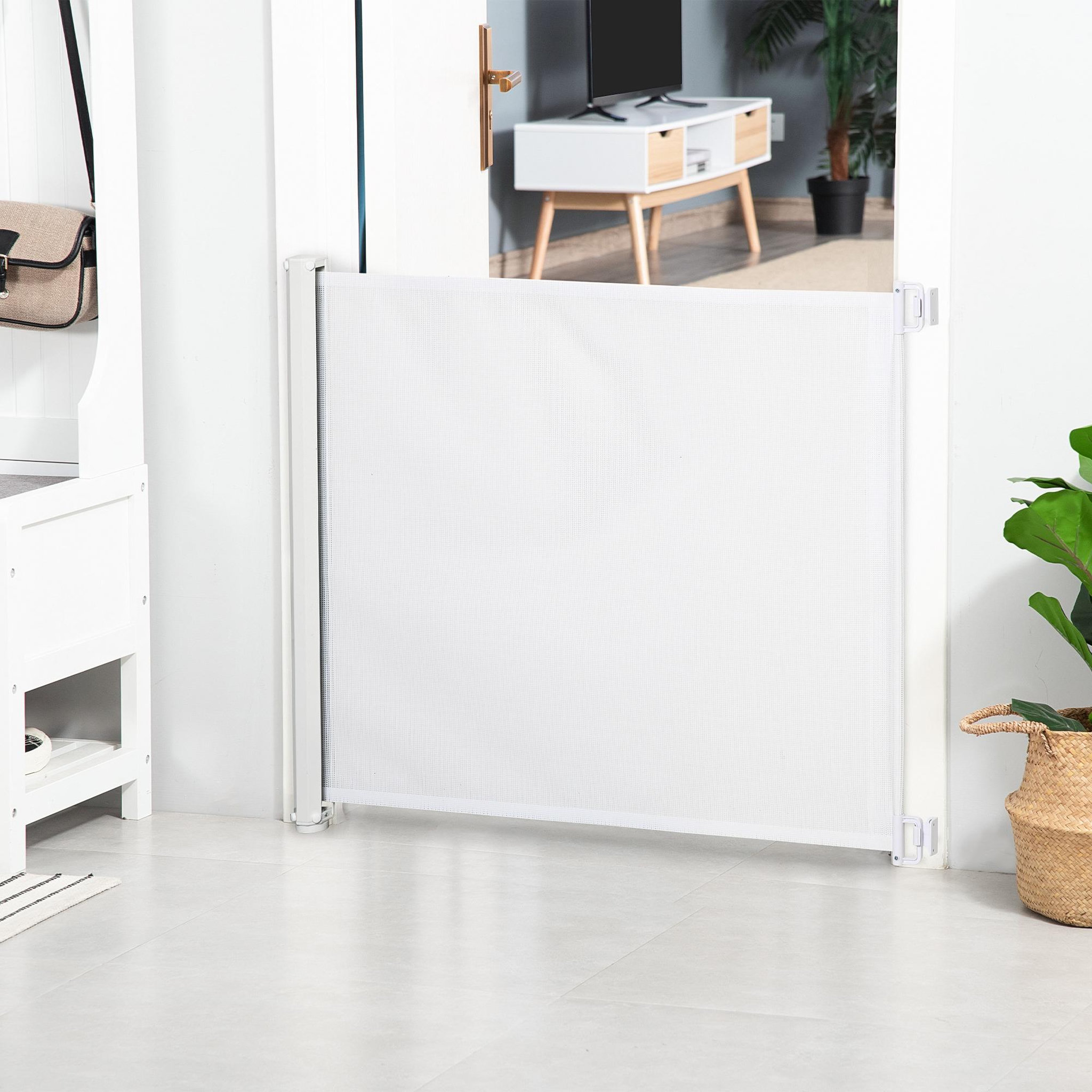 Voir la diapositive 2 : PAWHUT Barrière de sécurité barrière animaux rétractable automatique 1,15l x 0,83h m teslin métal blanc