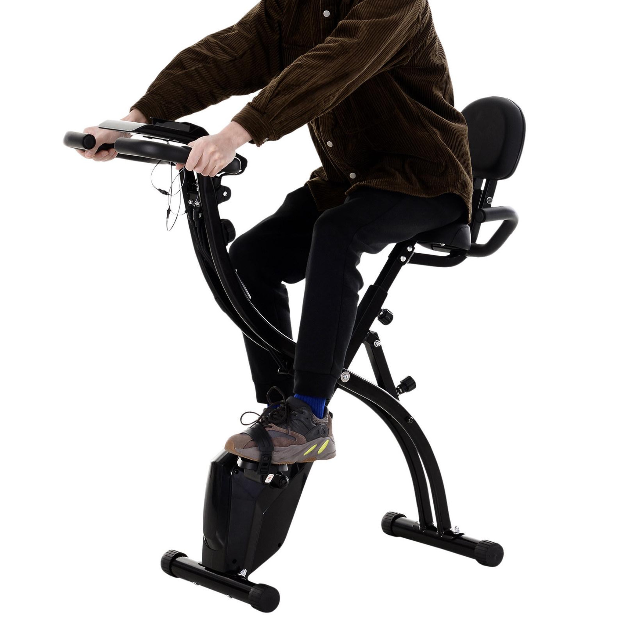 Voir la diapositive 3 : HOMCOM Vélo d'appartement pliant 8 niveaux de résistance magnétique dossier selle réglable poignées ergonomiques écran LCD multifonction suspensions support tablette acier noir