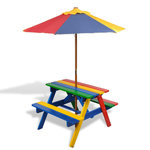 VIDAXL Table et bancs de pique-nique avec parasol pour enfants Bois