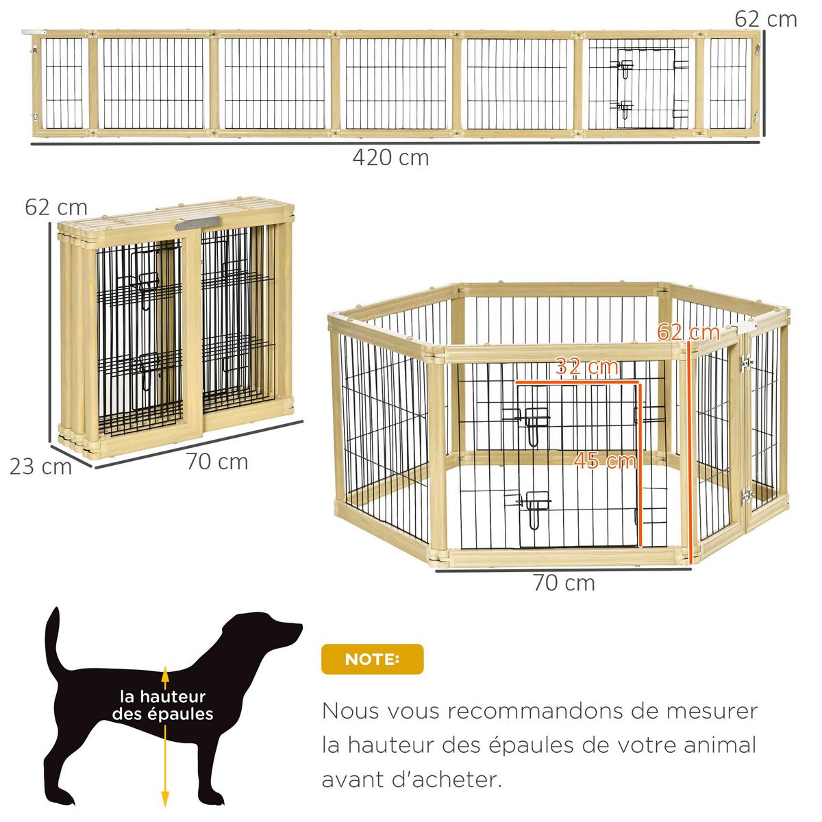PAWHUT Parc enclos modulable pliable pour animaux 6 panneaux avec porte verrouillable dim. panneau 70L x 62H cm bois composite acier