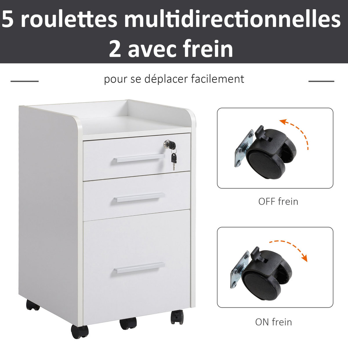 HOMCOM HOMCOM Caisson de bureau rangement bureau sur roulettes 3 tiroirs 1 verrouillable 1 trieur dossiers MDF panneaux particules blanc