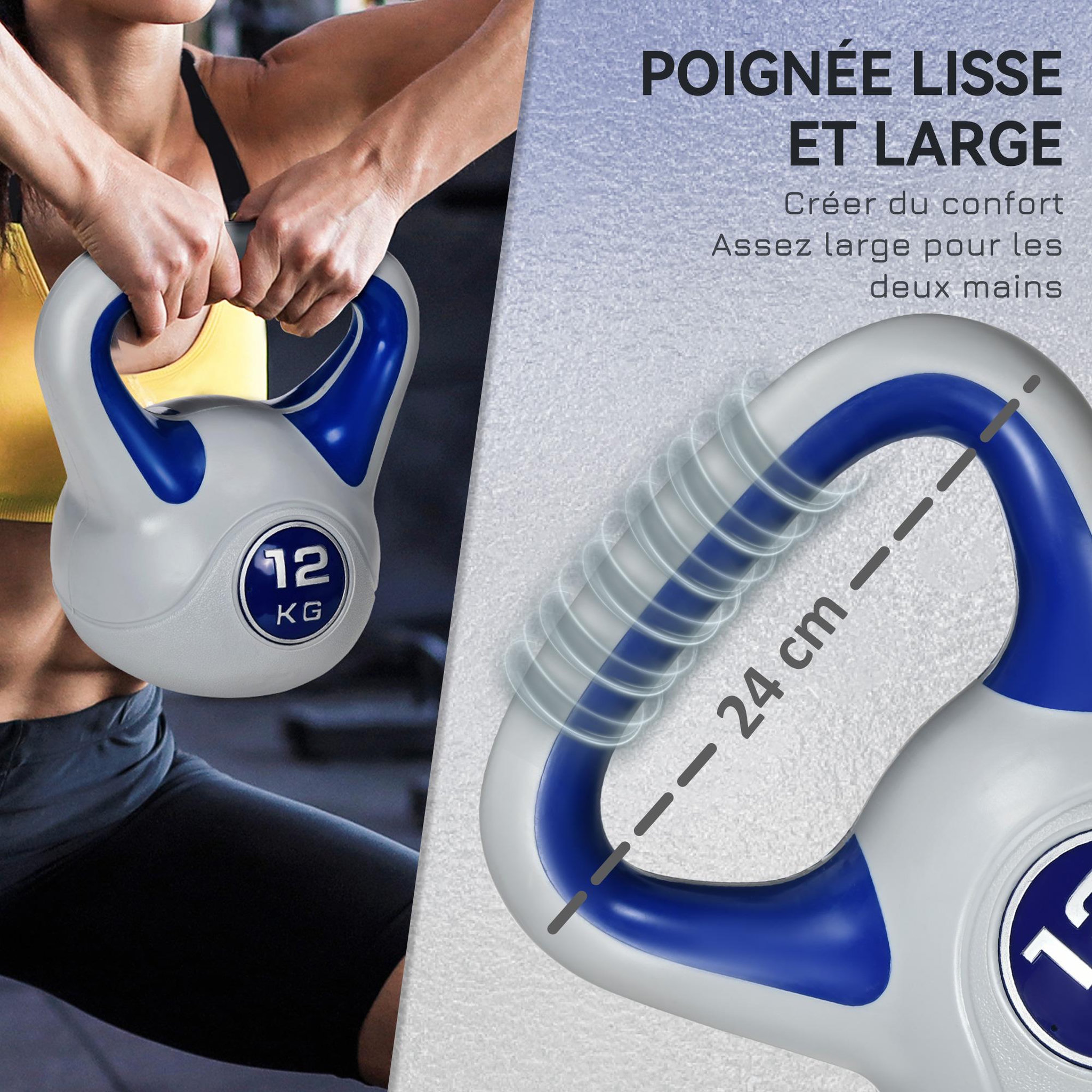 Voir la diapositive 6 : HOMCOM Kettlebell 12 kg - haltère boule - poignée ergonomique - pu gris bleu