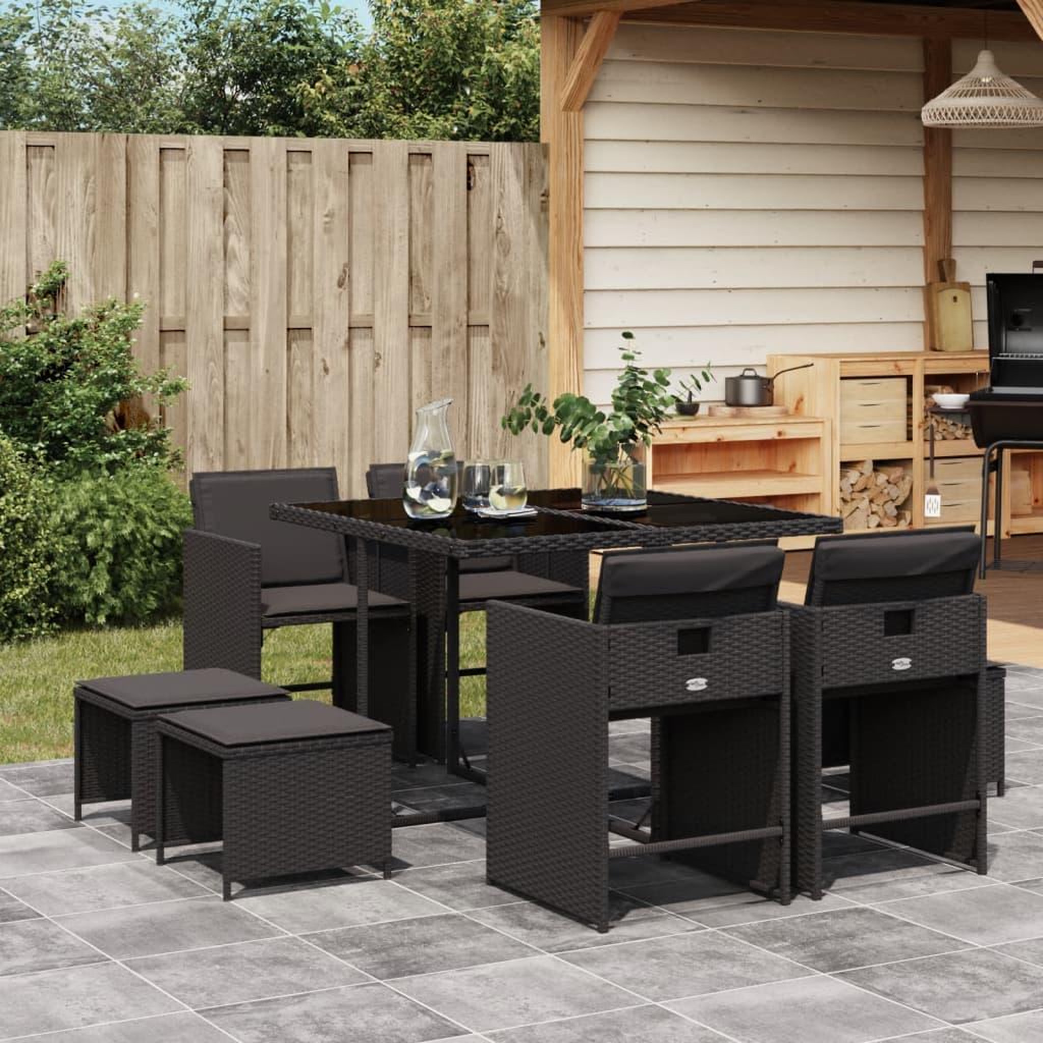 VIDAXL Ensemble a manger de jardin 9pcs coussins noir resine tressee