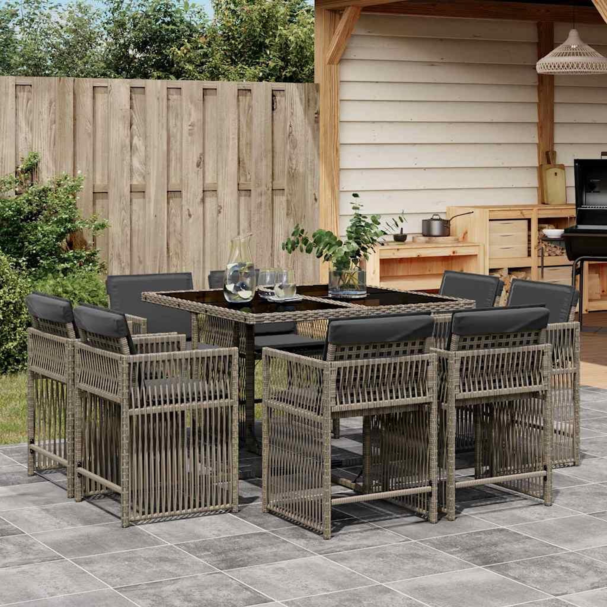 VIDAXL Ensemble a manger de jardin 9 pcs coussins gris resine tressee