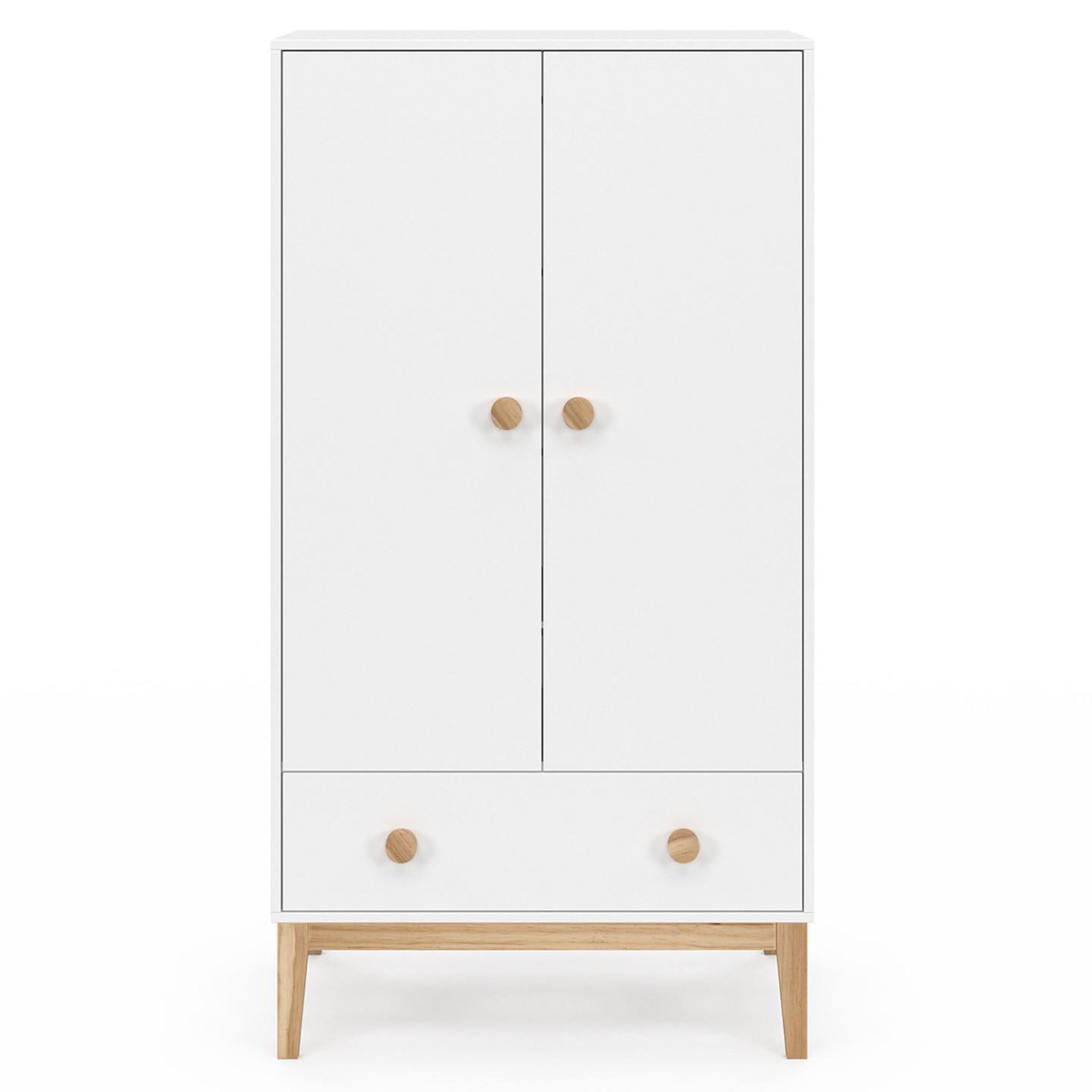 Voir la diapositive 3 : ID MARKET Armoire enfant 2 portes jacob avec tiroir blanc et bois