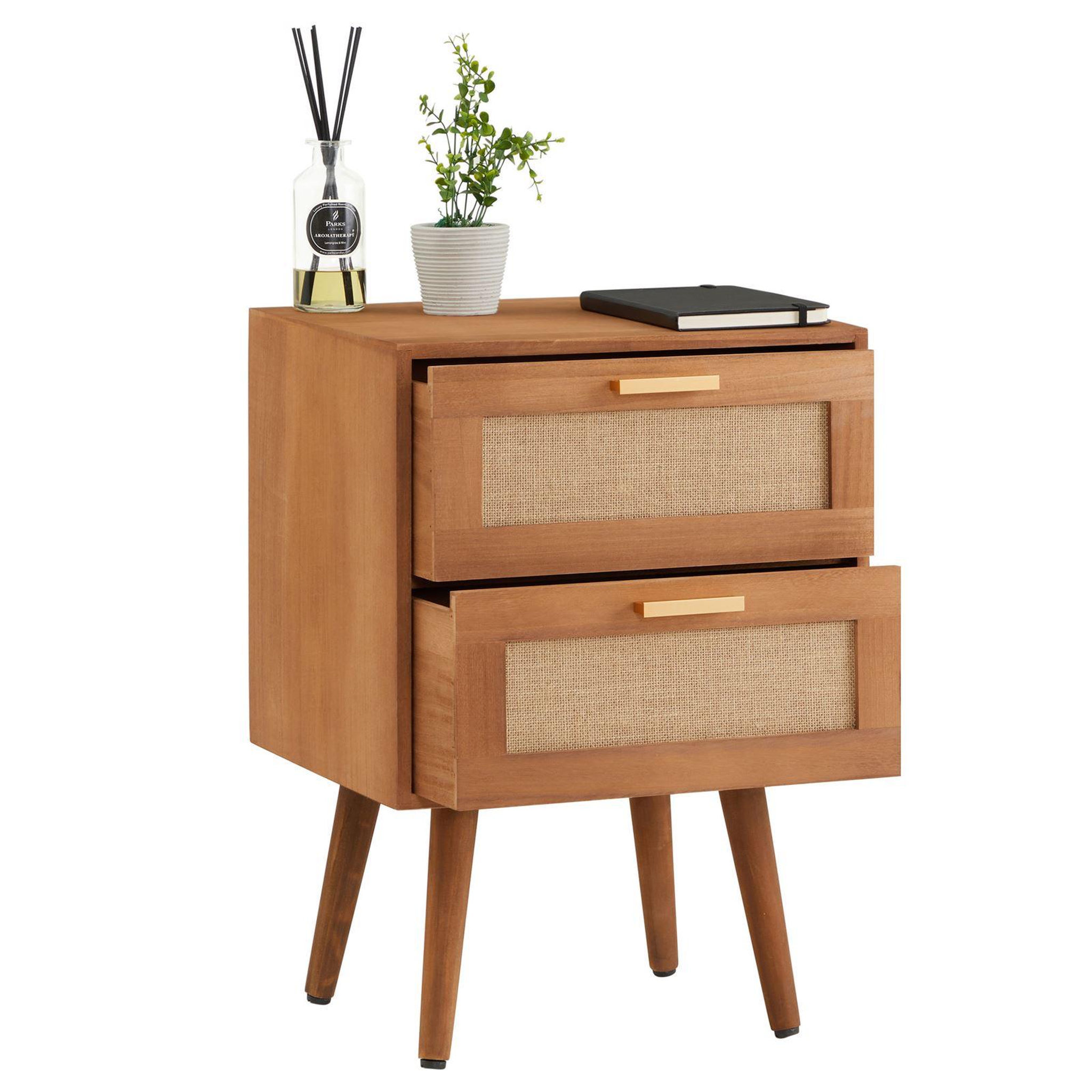 Voir la diapositive 4 : IDIMEX Table de chevet WAMAN 2 tiroirs, en bois de paulownia