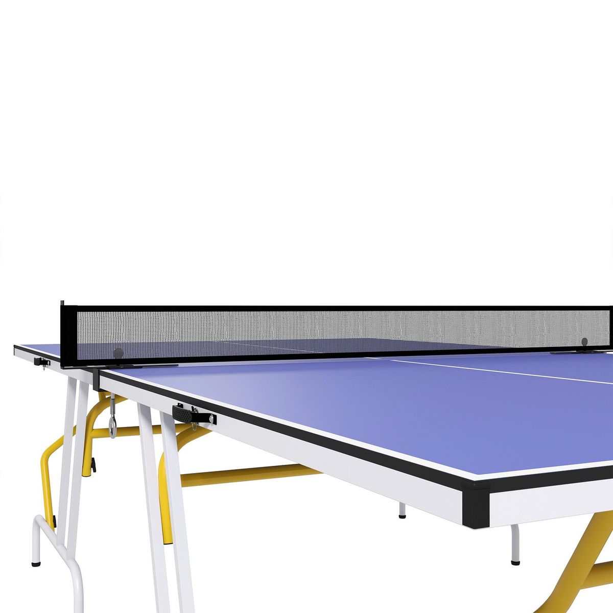 HOMCOM Table de ping pong pliable en 4 - dim. 274 x 152,5 x 76 cm - filet, 2 raquettes, 3 balles inclus - jaune blanc bleu