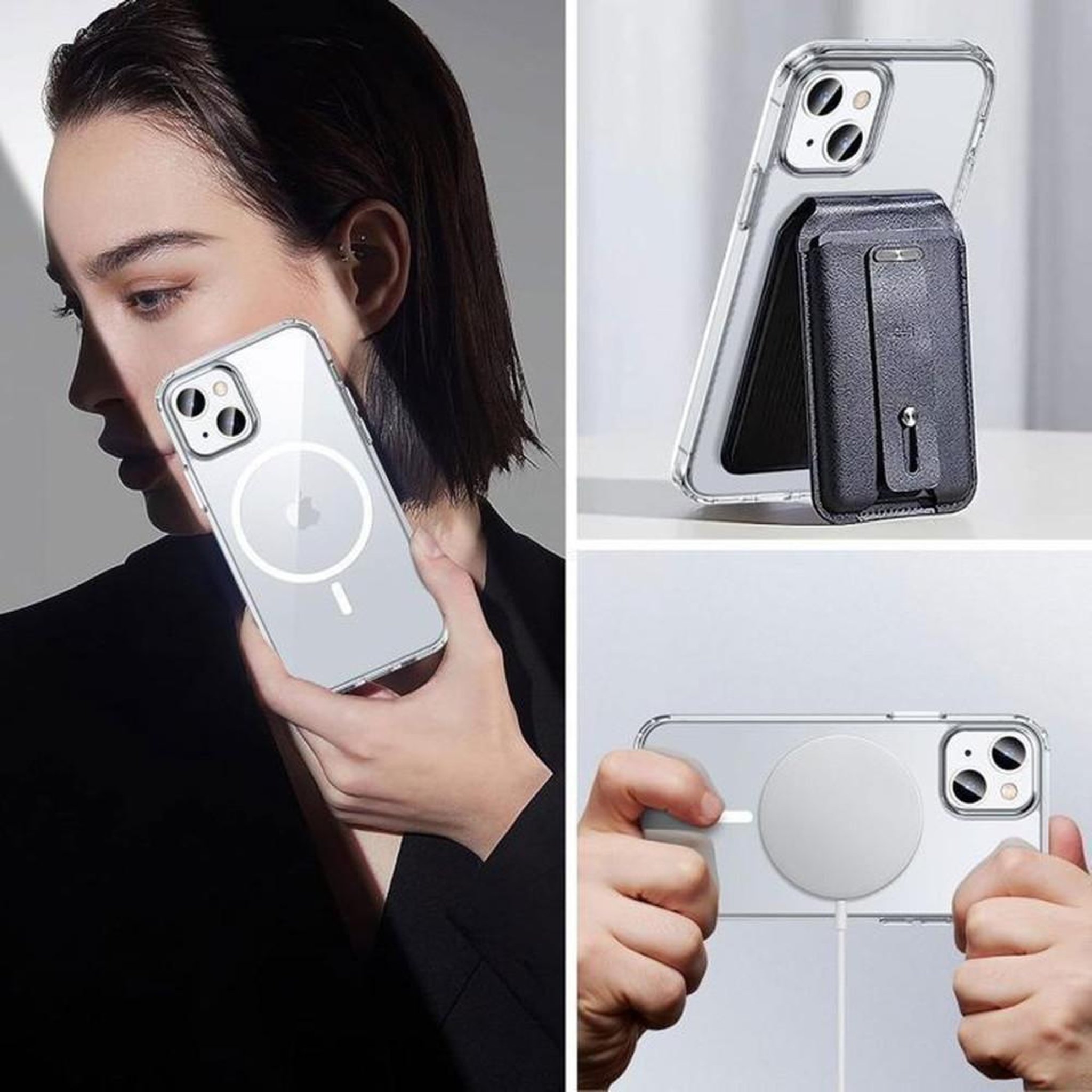 Voir la diapositive 5 : coque de protection transparente pour iPhone 13 6,1, silicone souple et TPU, dos PC rigide avec anneau magnétique Qi