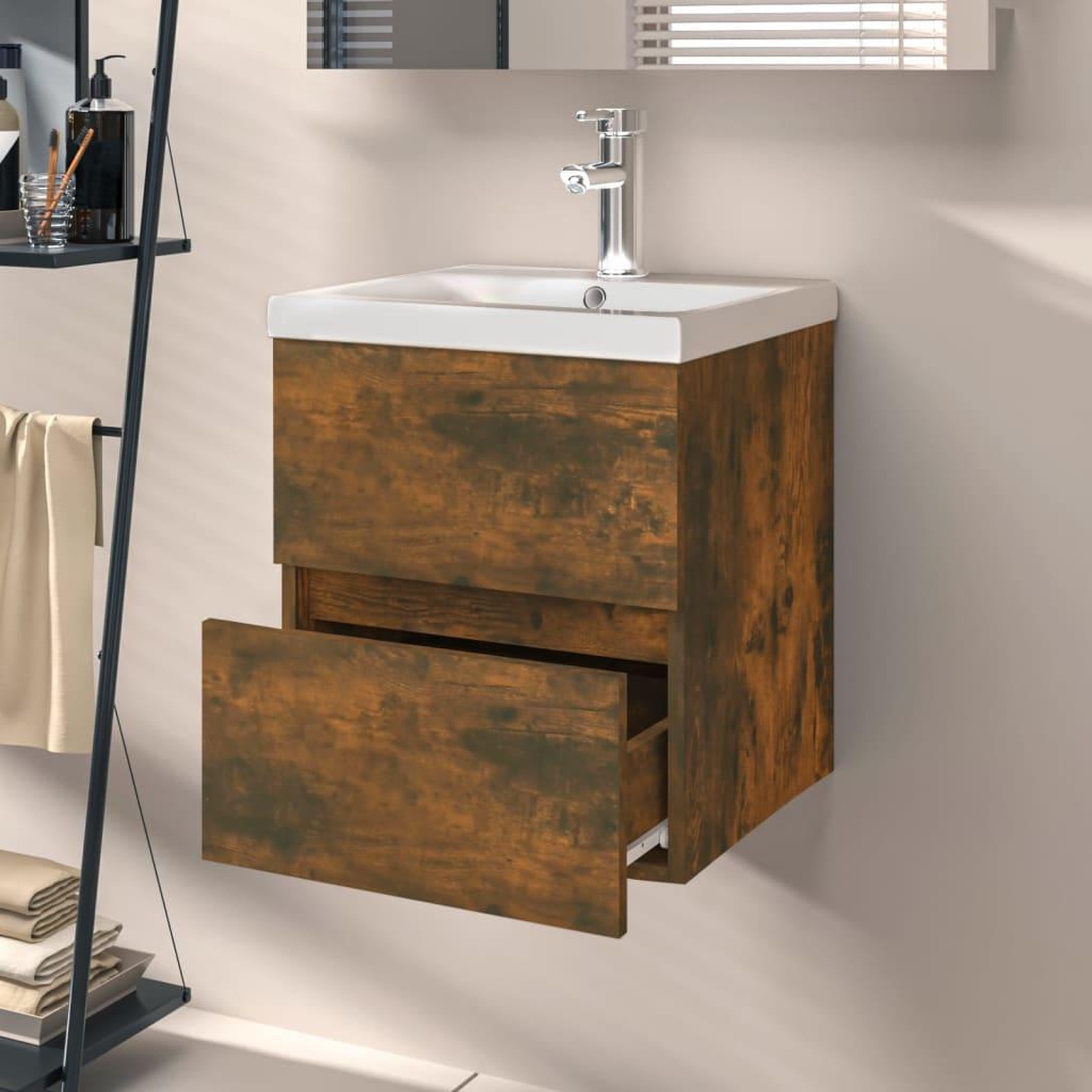 Voir la diapositive 3 : VIDAXL Armoire d'evier Chene fume 41x38,5x45 cm Bois d'ingenierie