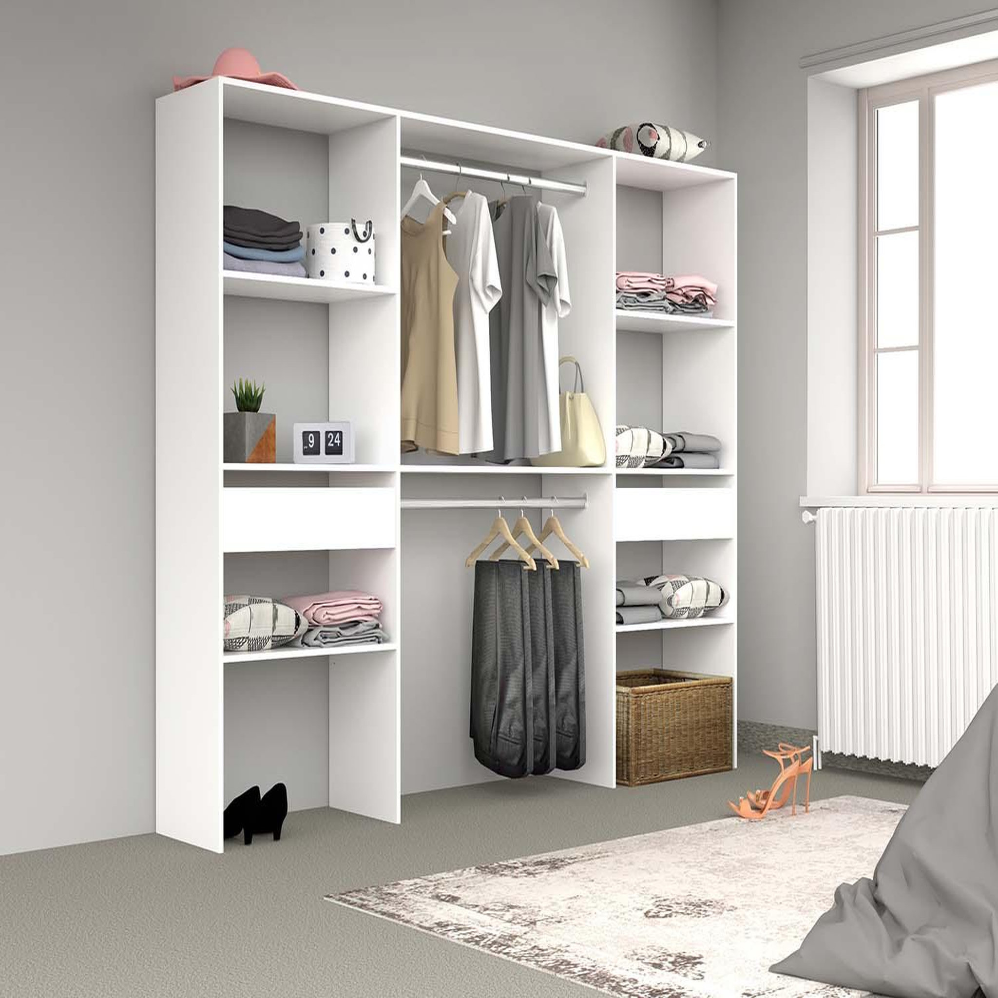 Voir la diapositive 2 : CONCEPT USINE Grand dressing blanc avec 2 penderies 6 étagères et 2 tiroirs elysee