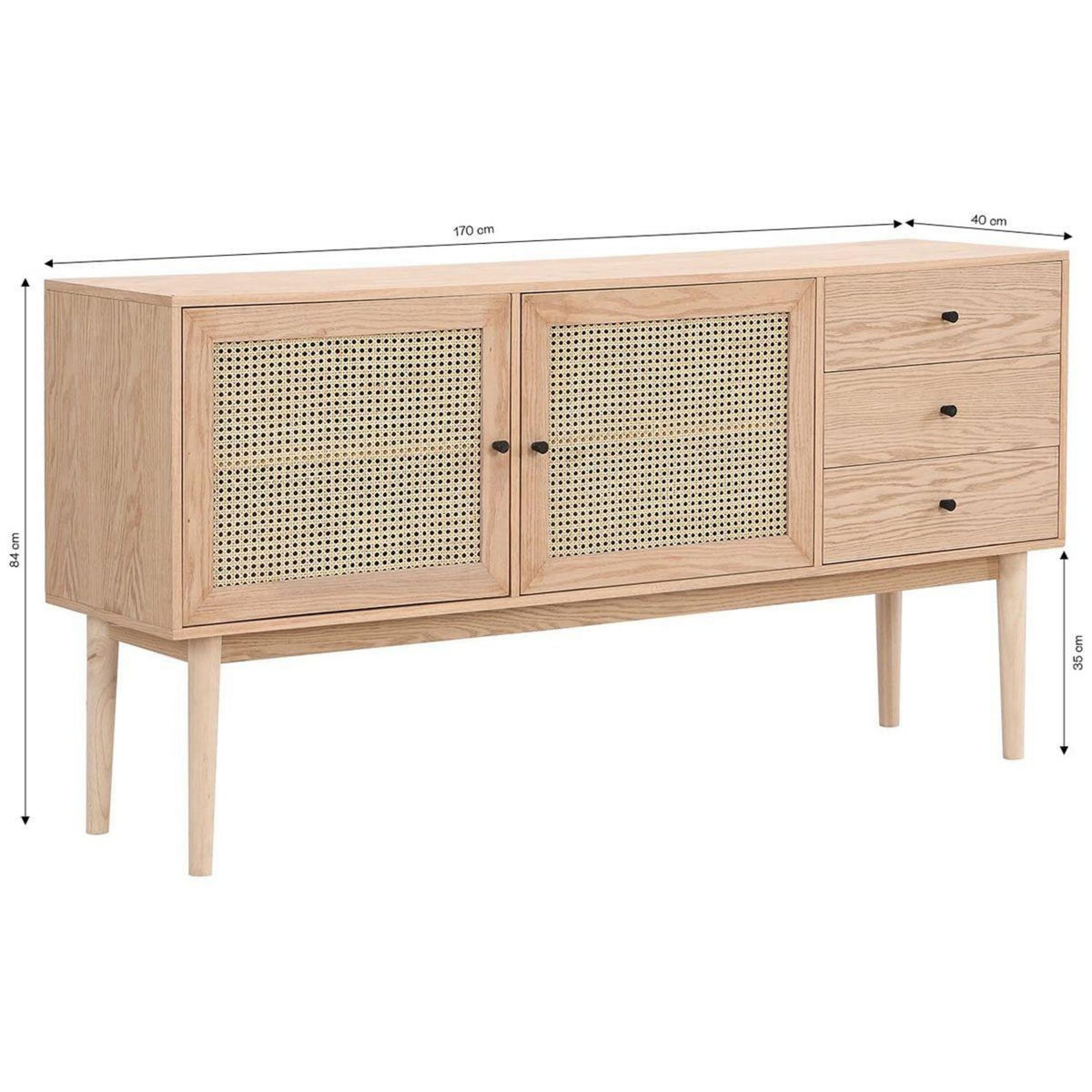 HOMIFAB Buffet 2 portes 3 tiroirs en bois et cannage naturel 170 cm - Eden