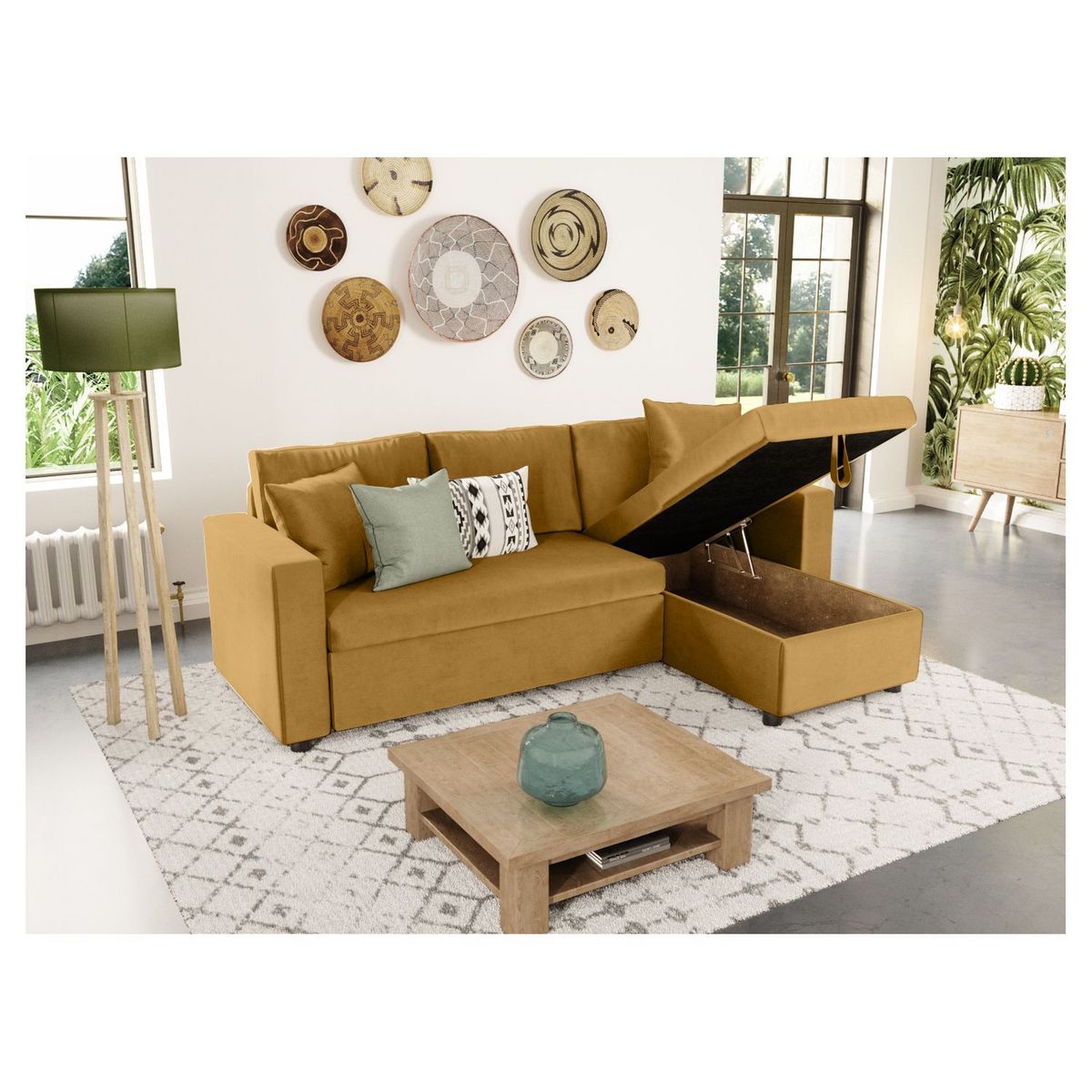 Canapé d'angle réversible convertible avec coffre en tissu ou velours GERALDINE 