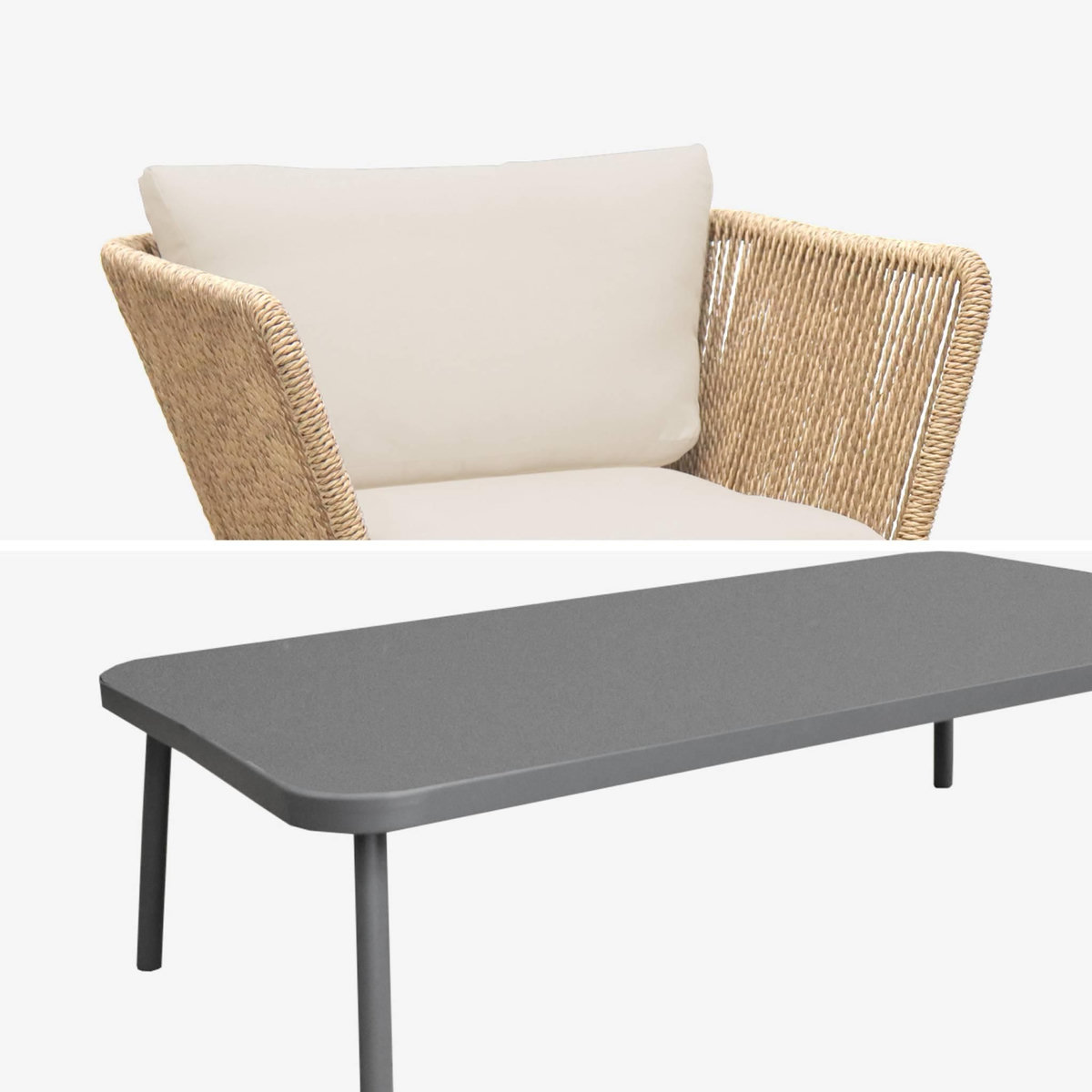 SWEEEK Salon de jardin bas Singapour, résine tressée effet corde, 5 places, coussins déhoussables