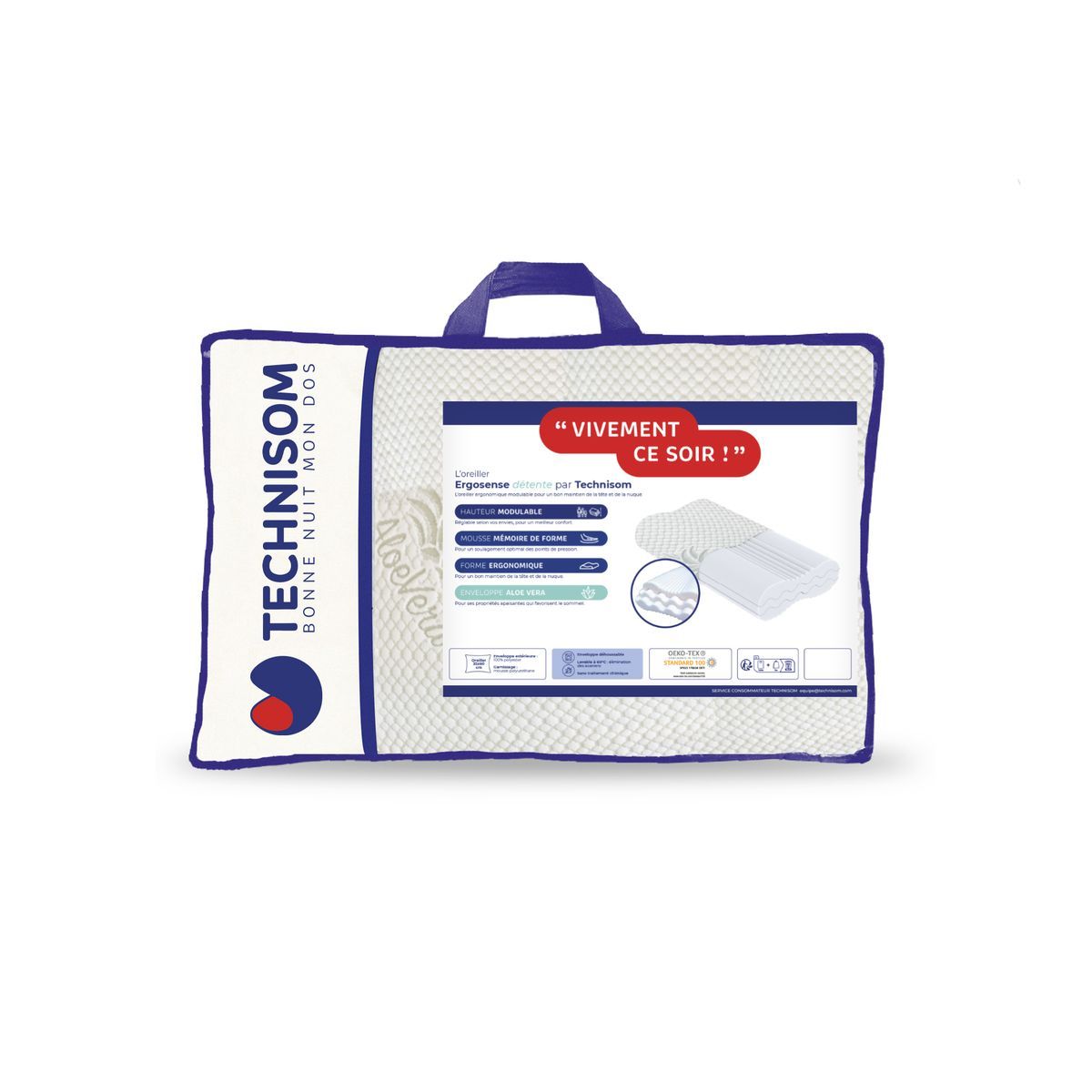 TECHNISOM Oreiller ergonomique à mémoire de forme en polyester microfibre FLOCON DETENTE  