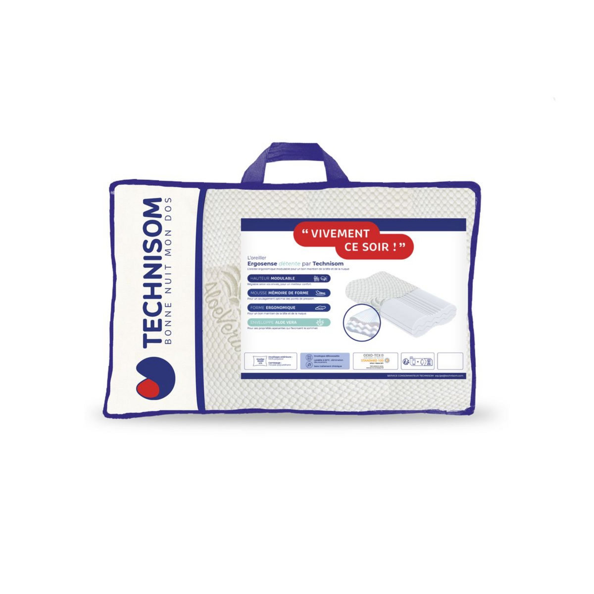 TECHNISOM Oreiller ergonomique à mémoire de forme en polyester microfibre FLOCON DETENTE  