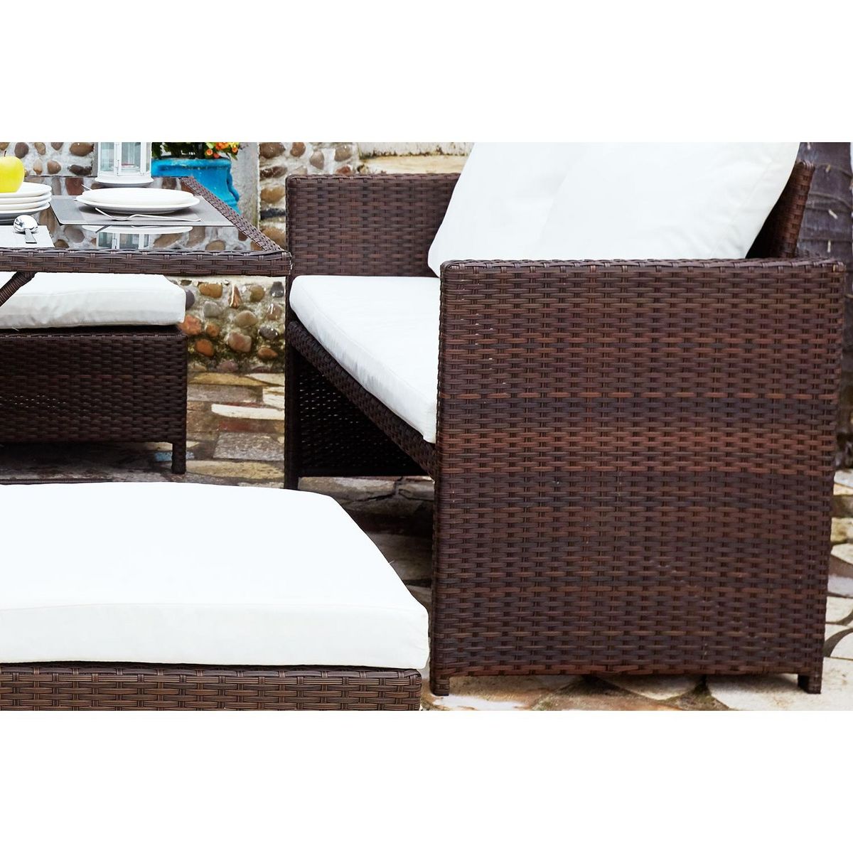 CONCEPT USINE Salon de jardin encastrable 8 places en résine marron- blanc NOUMÉA