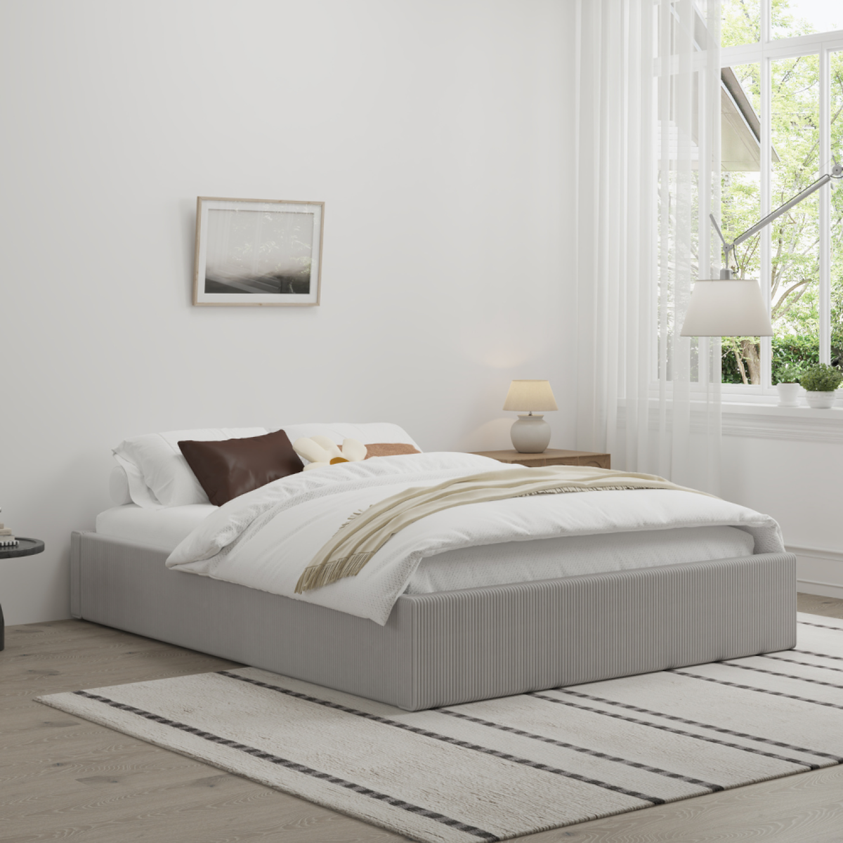 CONCEPT USINE Lit avec coffre de rangement 160x200cm velours côtelé gris AUSTIN