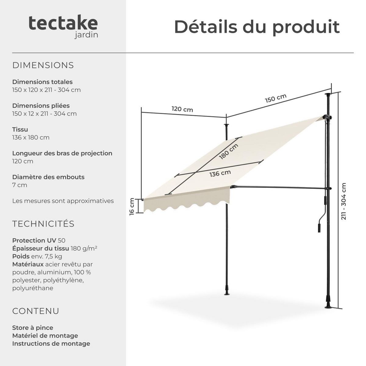 tectake Store à pince sans perçage avec manivelle beige 150 x 180 cm
